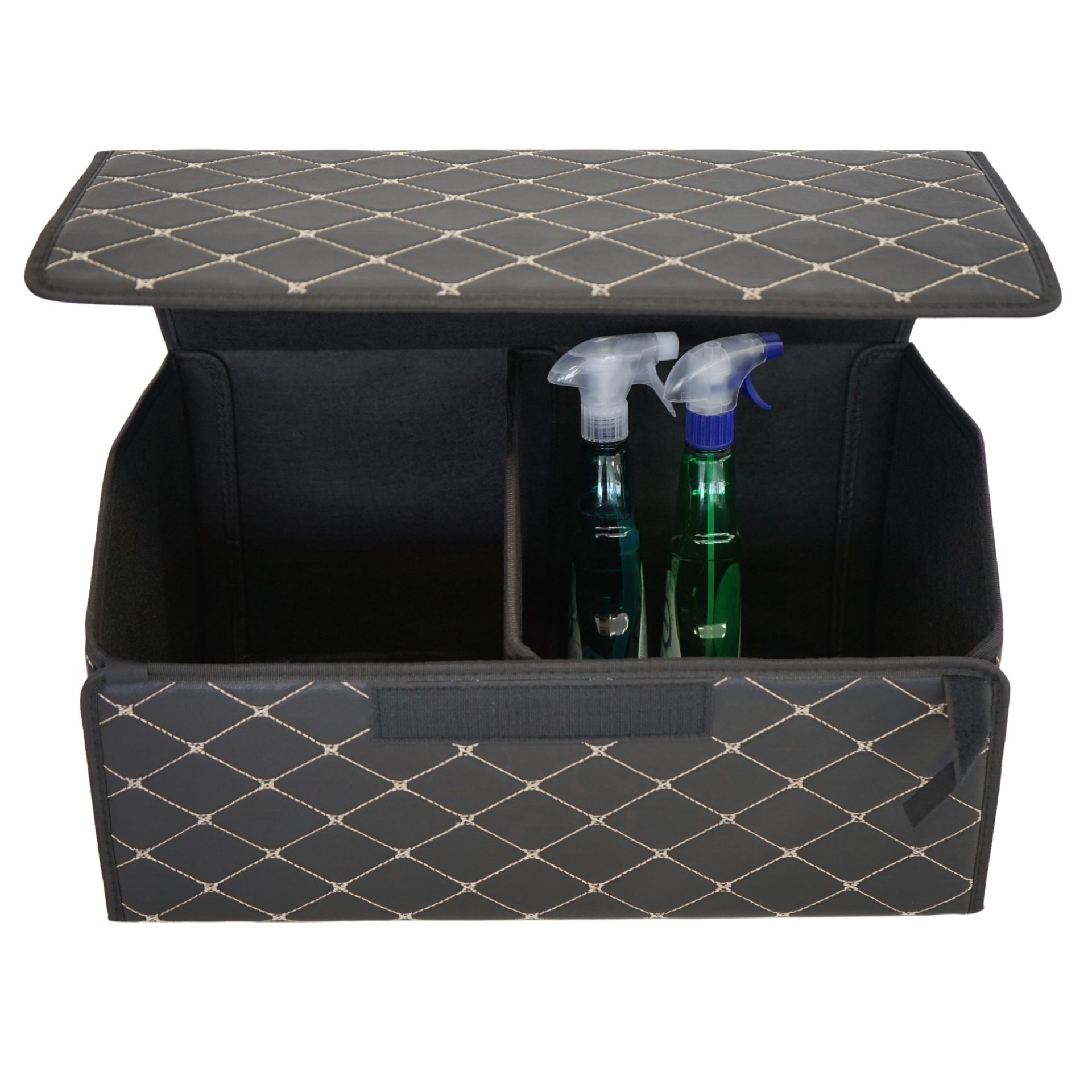 Cutie de Depozitare Auto, Flippy, Organizator Premium Portbagaj, Geanta Multifunctionala, Piele Ecologica, Pliabil  si Rezistent la Uzura, 2 Compartimente Depozitare, Pliabil  si Rezistent la Uzura, Negru/Alb, 55 x 30 x 30cm