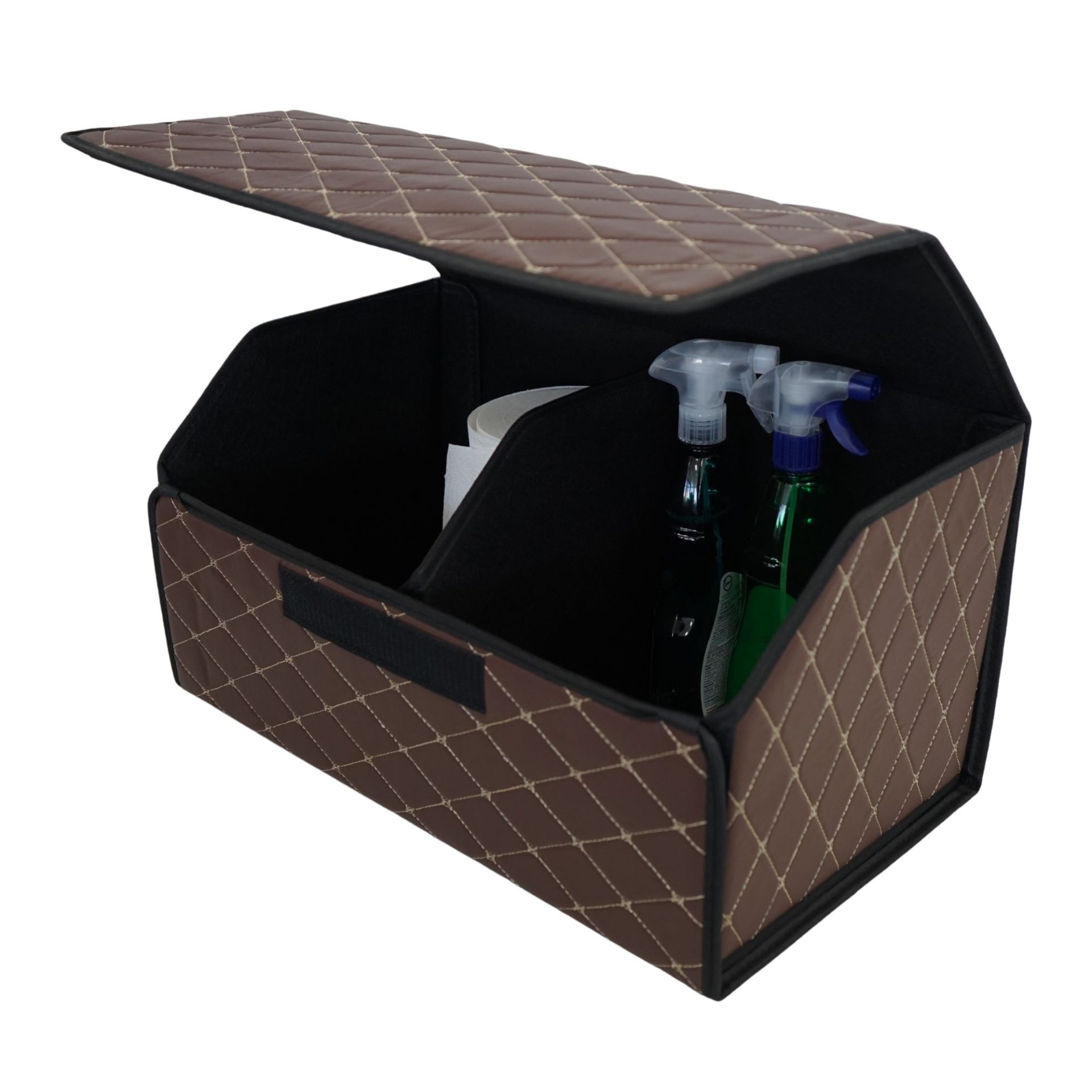 Cutie de Depozitare Auto, Flippy, Organizator Premium Portbagaj, Geanta Multifunctionala  din Piele Ecologica, Rezistent la Uzura si Pliabil, 2 Compartimente Depozitare, Maro Havana, 55 x 30 x 30cm