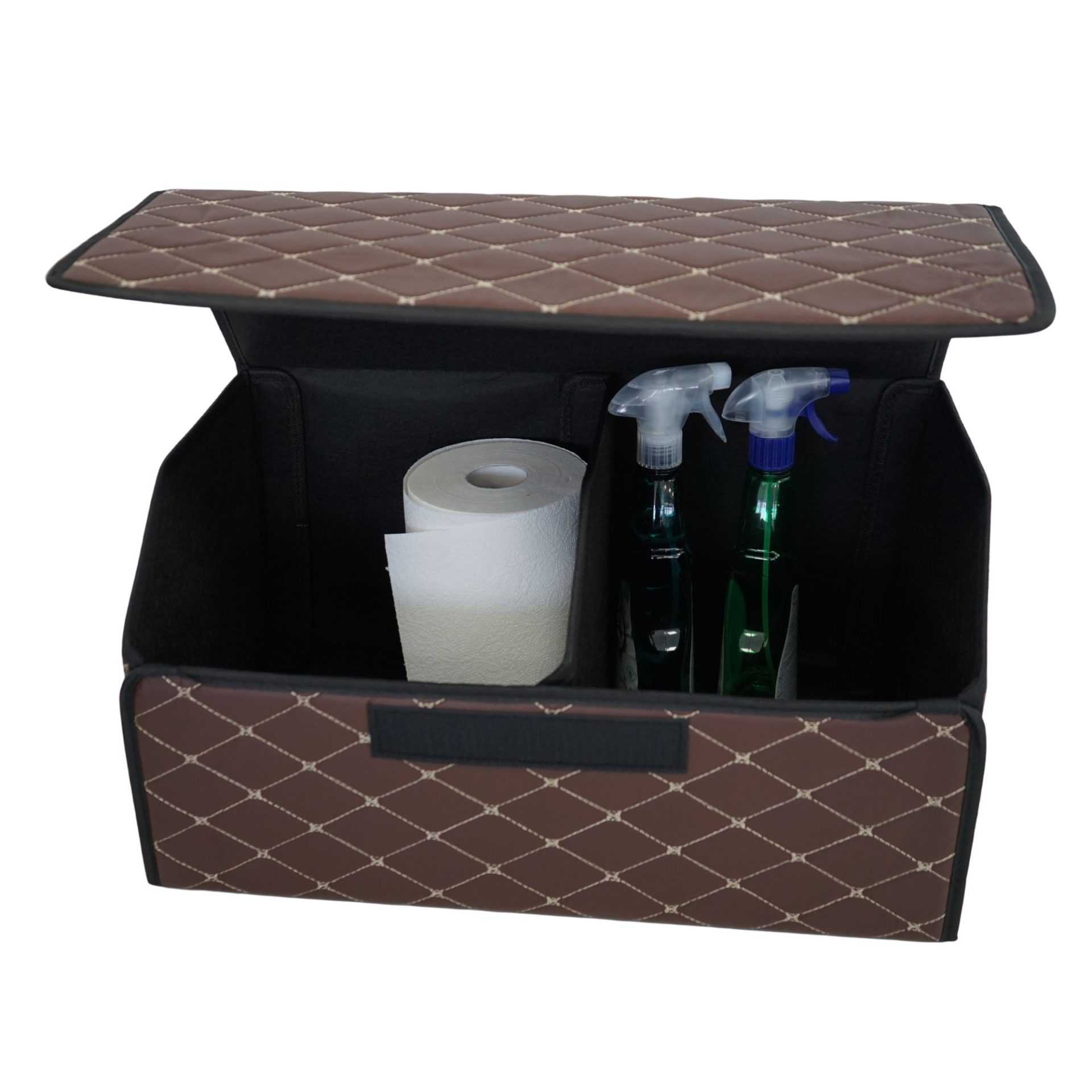 Cutie de Depozitare Auto, Flippy, Organizator Premium Portbagaj, Geanta Multifunctionala  din Piele Ecologica, Rezistent la Uzura si Pliabil, 2 Compartimente Depozitare, Maro Havana, 55 x 30 x 30cm