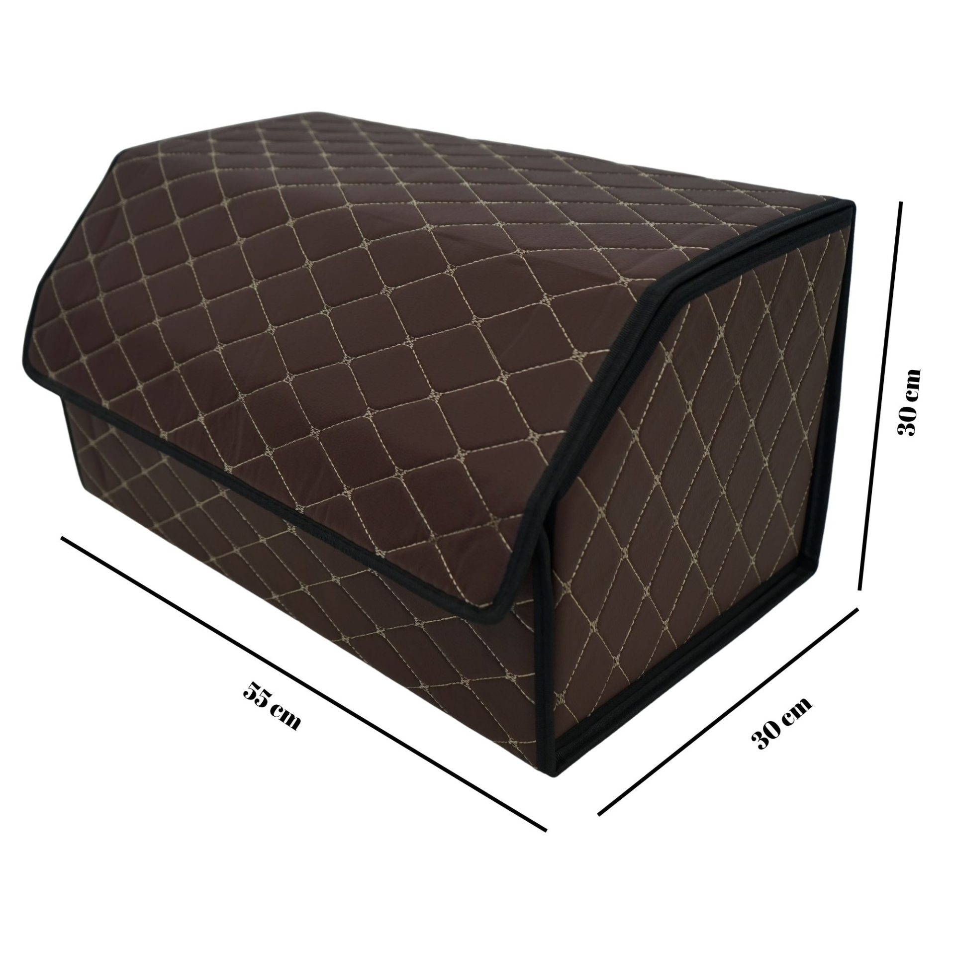 Cutie de Depozitare Auto, Flippy, Organizator Premium Portbagaj, Geanta Multifunctionala  din Piele Ecologica, Rezistent la Uzura si Pliabil, 2 Compartimente Depozitare, Maro Havana, 55 x 30 x 30cm