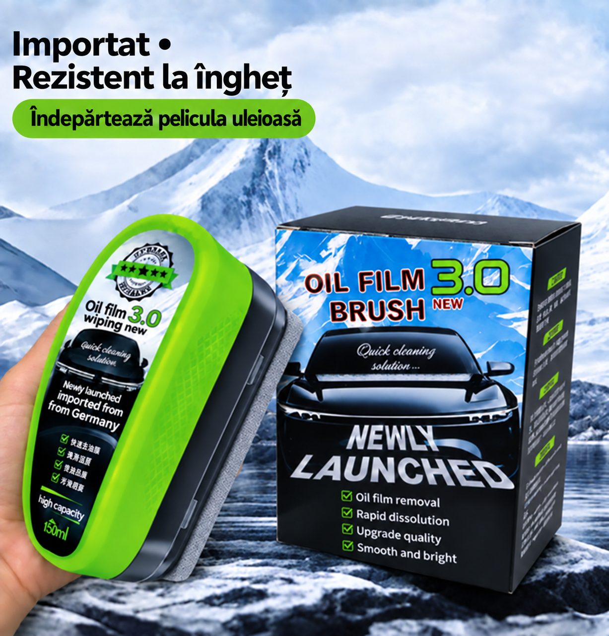 Perie Auto pentru Curatarea Parbrizului si Oglinzilor, Flippy, Indepartarea Peliculei de Grasime, 150 ml, 10 x 8 x 5 cm, Verde