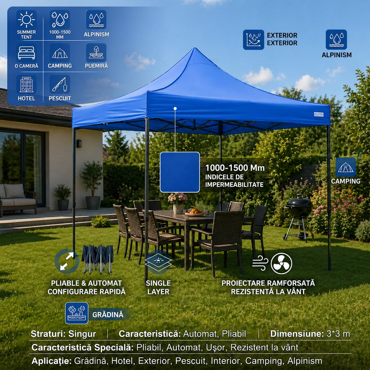 Detaliu cadru metal pavilion 3x3m Flippy