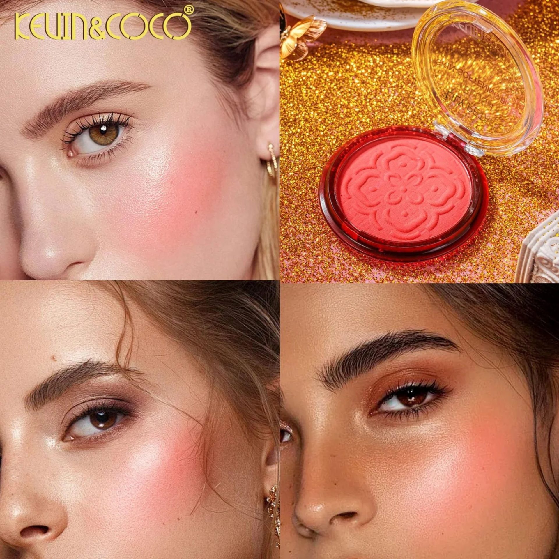 Fard de Obraz, Kevin&Coco, Blush Compact, Textura Fina, Pentru Toate Tipurile de Ten , 9.3 g, 7.5 x 7.5 x 2.1 cm, Model Fantasy, Roz/Apricot 5