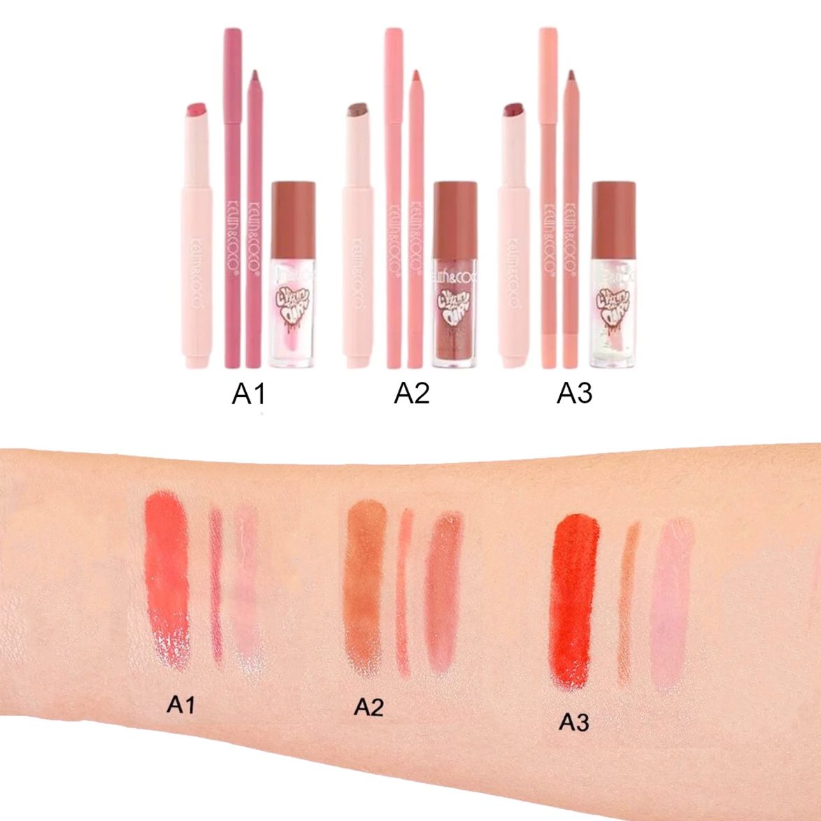 Set pentru Buze Kevin&Coco Love Is In The Air, , Ruj 2.5g, Creion Contur 1.5g, Luciu de Buze 2.8g, Efect Hidratant & Volum, Nuanta 01 Chocolate Cream 2