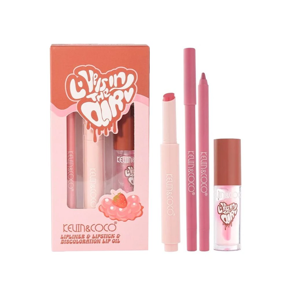 Set pentru Buze Kevin&Coco Love Is In The Air, Ruj 2.5g, Creion Contur 1.5g, Luciu de Buze 2.8g, Efect Hidratant & Volum, Nuanta 01 Chocolate Cream