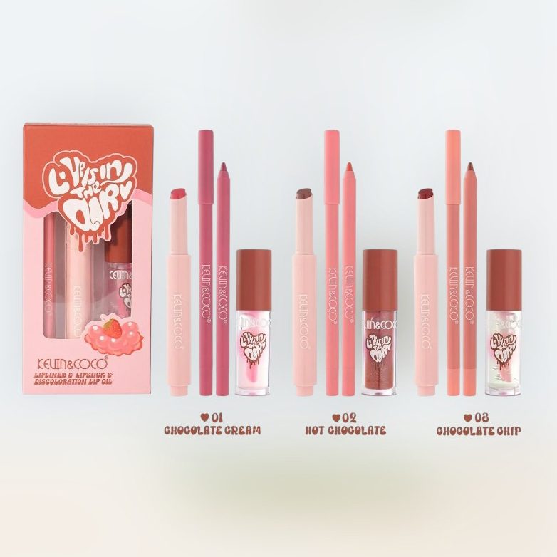 Set pentru Buze Kevin&Coco Love Is In The Air, , Ruj 2.5g, Creion Contur 1.5g, Luciu de Buze 2.8g, Efect Hidratant & Volum, Nuanta 02 Hot Chocolate 3