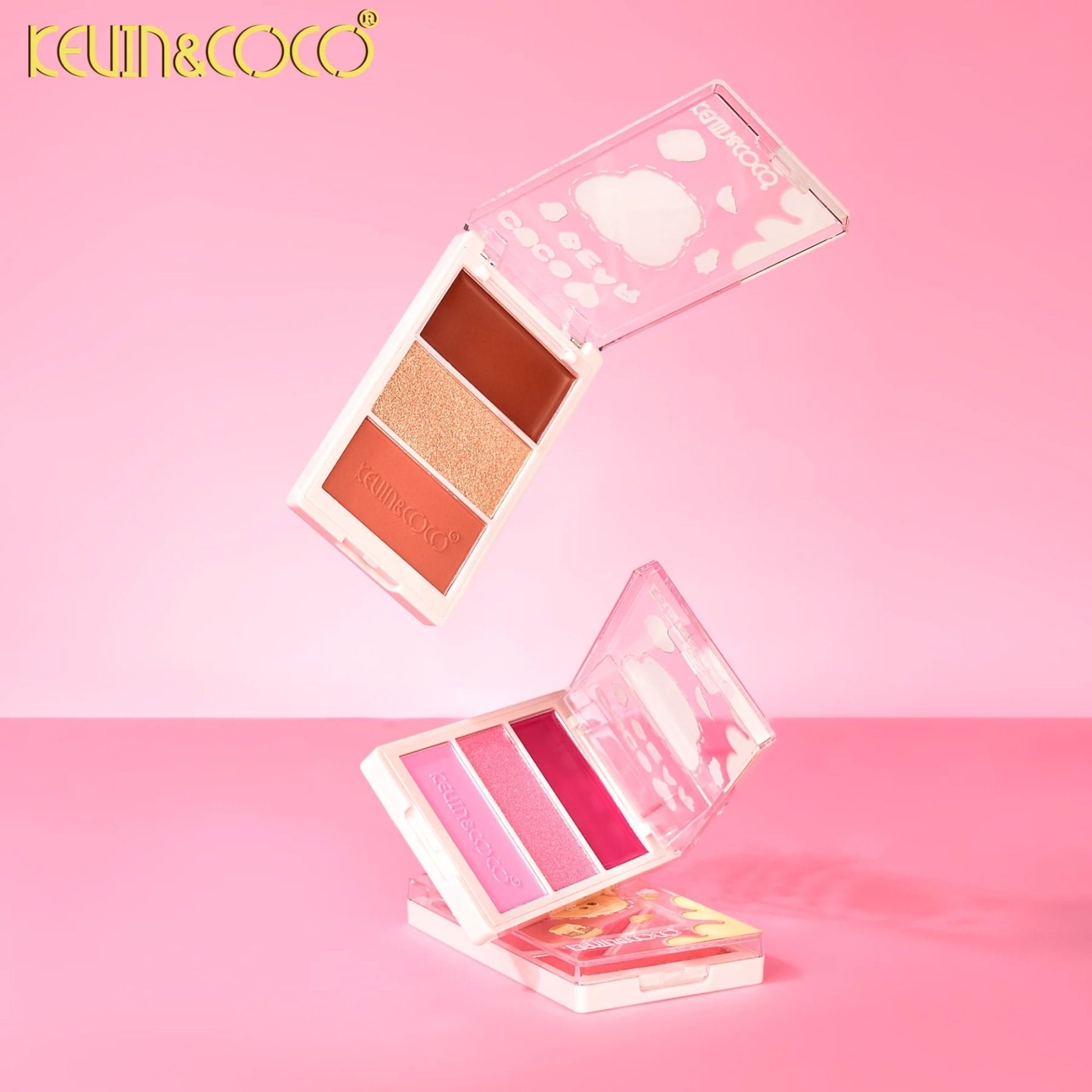 Paleta Fard de Obraz, Kevin&Coco, 3 Culori, Blush, Iluminator, Contur, Textură Fină, Efect Natural, pentru Toate Tipurile de Ten, 71.7 g, 6.7 x 1.5 x 11 cm, Coral 3