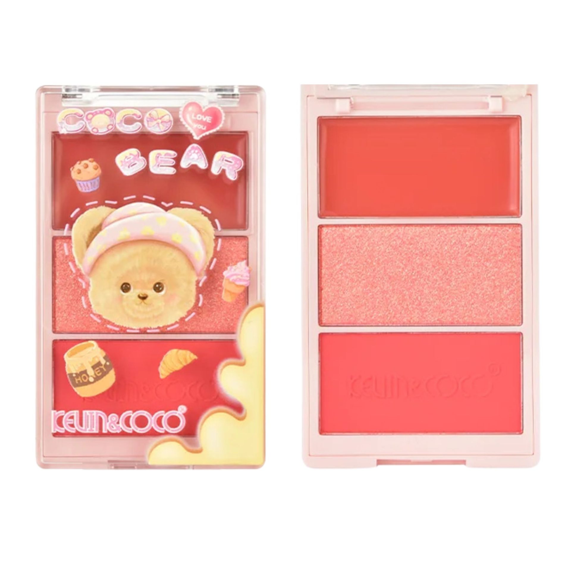 Paleta Fard de Obraz, Kevin&Coco, 3 Culori, Blush, Iluminator, Contur, Textură Fină, Efect Natural, pentru Toate Tipurile de Ten, 71.7 g, 6.7 x 1.5 x 11 cm, Coral 1
