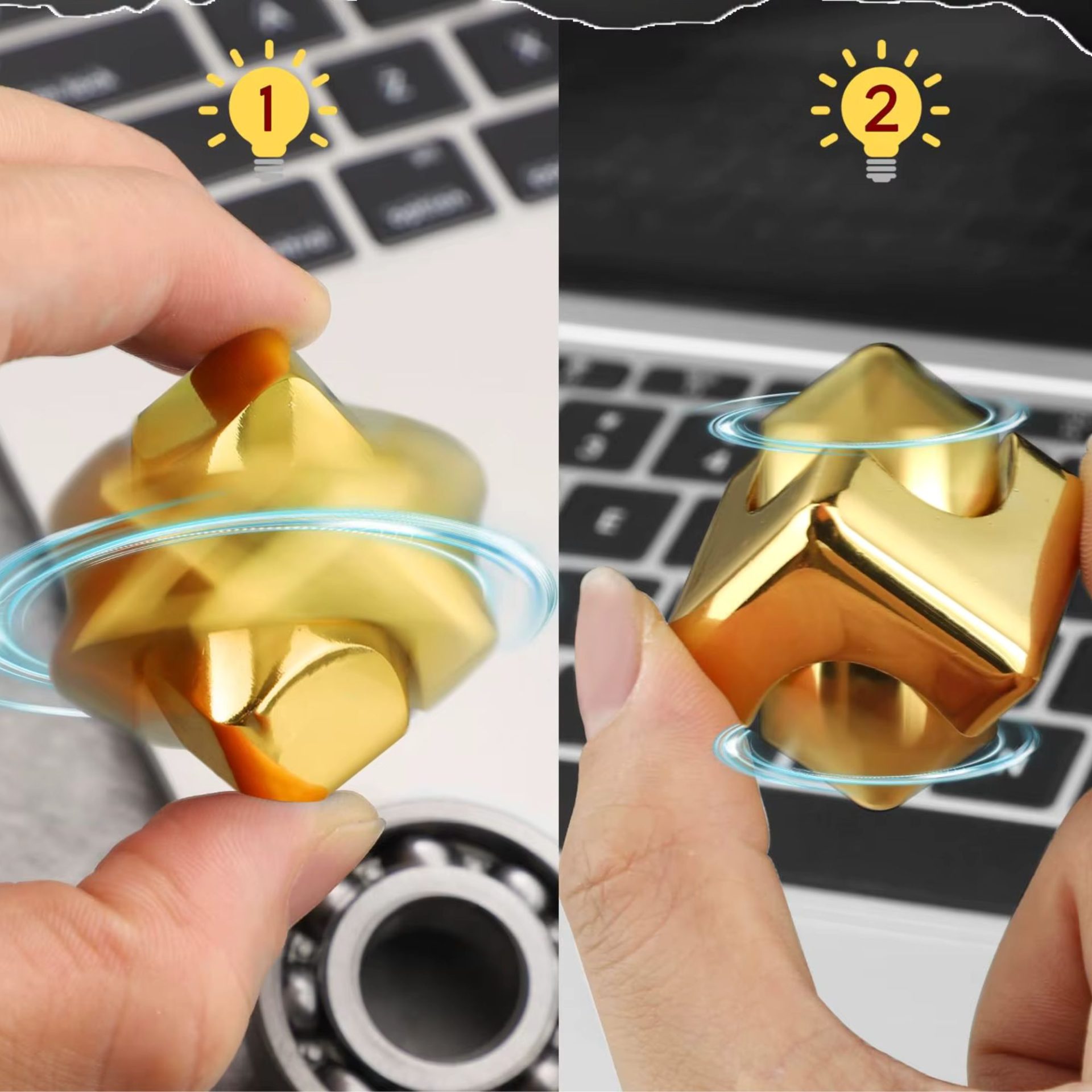 Jucarie Antistres Fidget Spinner, , Tip Cub, Metalic 2-in-1, Transformabil, Rulment Premium, Inox, Silentios, Gadget pentru Birou, 2.9 x 2.9 cm, Auriu 4