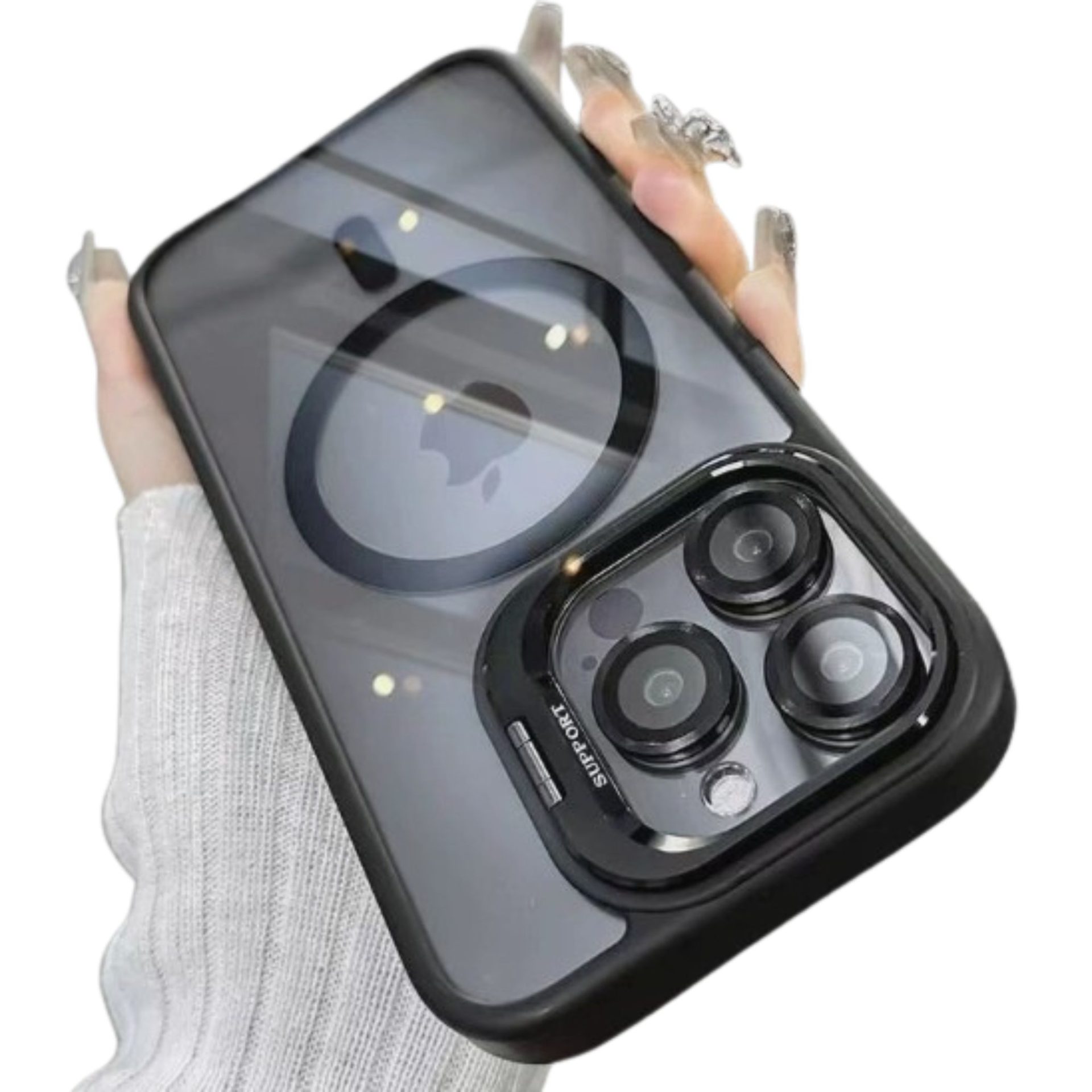 Husa de Protectie Telefon, , Compatibila cu iPhone 17 Pro , MagSafe, Acrylic, Suport Metalic Protectie Camera, Anti-Soc, Transparent/Negru 2