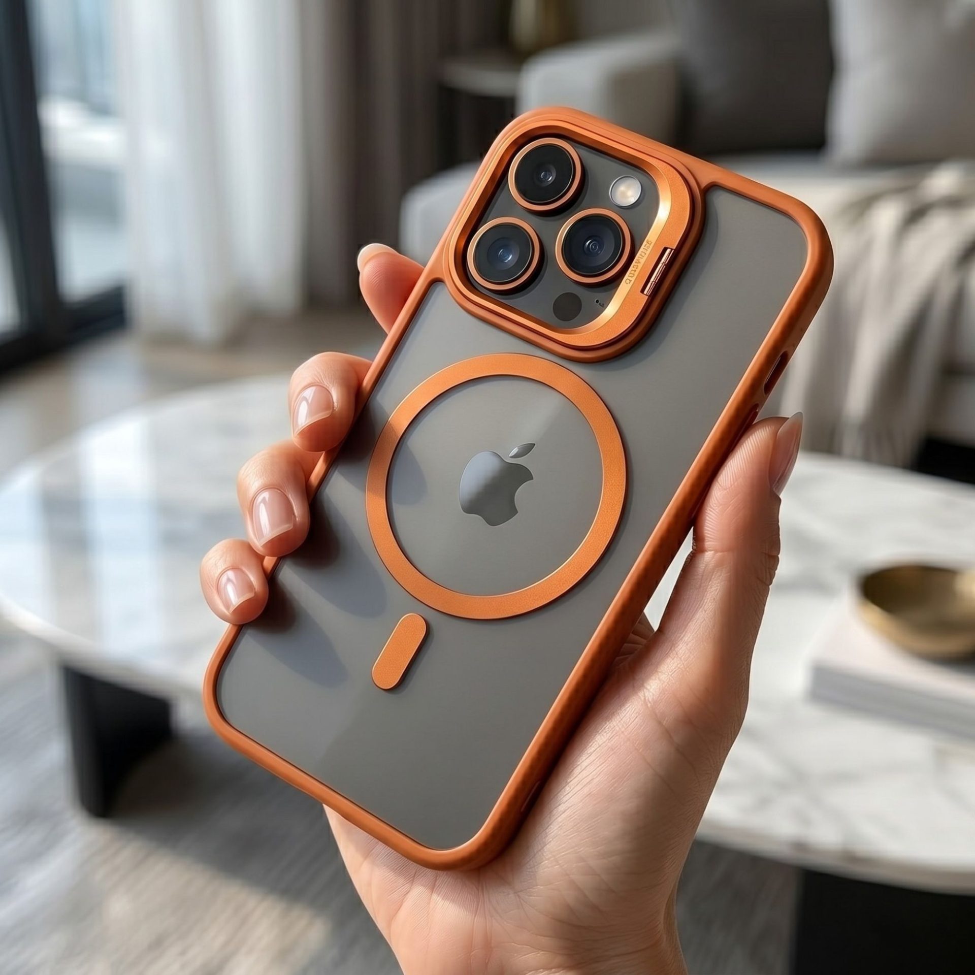 Husa de Protectie Telefon, , Compatibila cu iPhone 17 Pro Max, MagSafe, Acrylic, Suport Metalic Protectie Camera, Anti-Soc, Portocaliu 5
