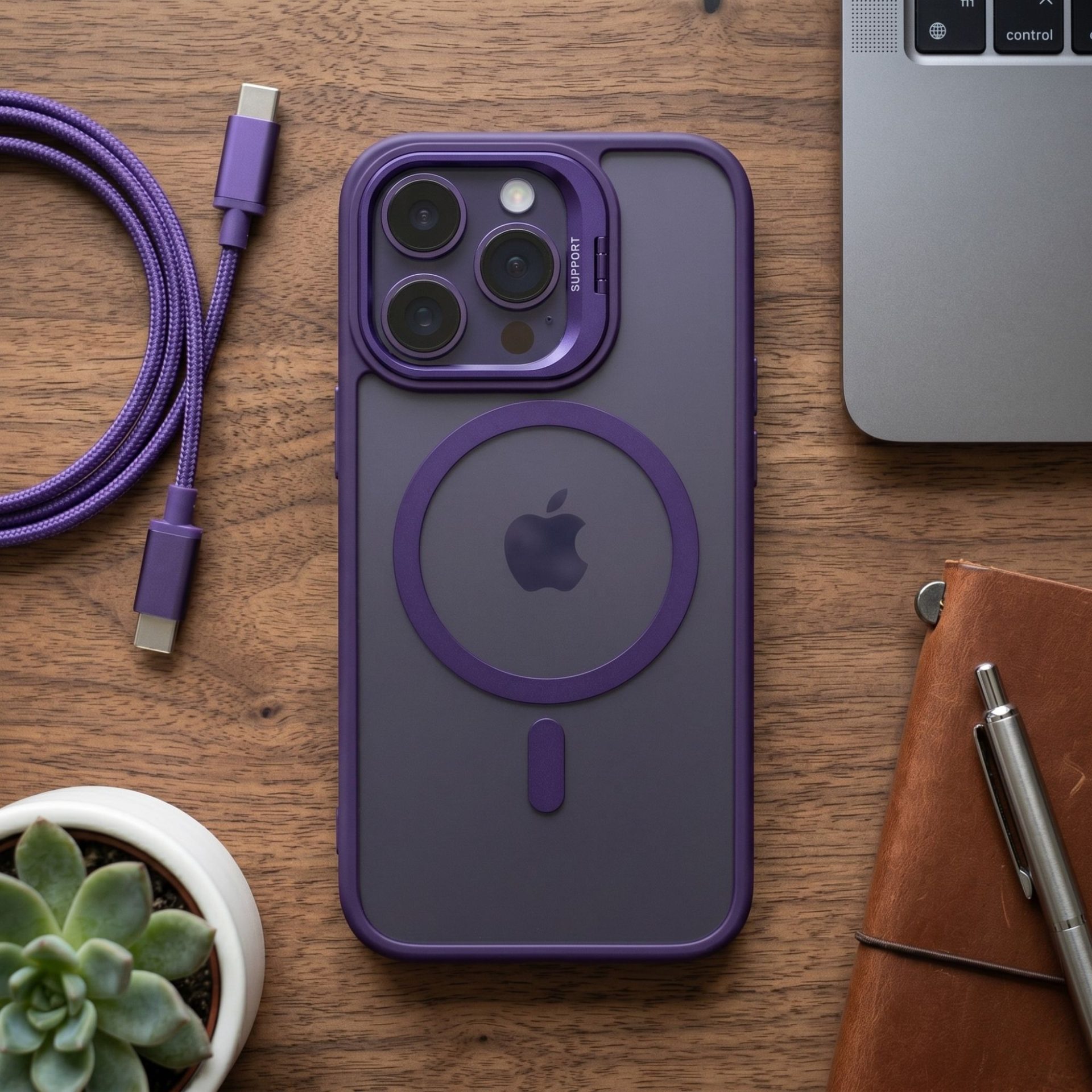 Husa de Protectie Telefon, , Compatibila cu iPhone 17 Pro, MagSafe, Acrylic, Suport Metalic Protectie Camera, Anti-Soc, Mov Inchis 4