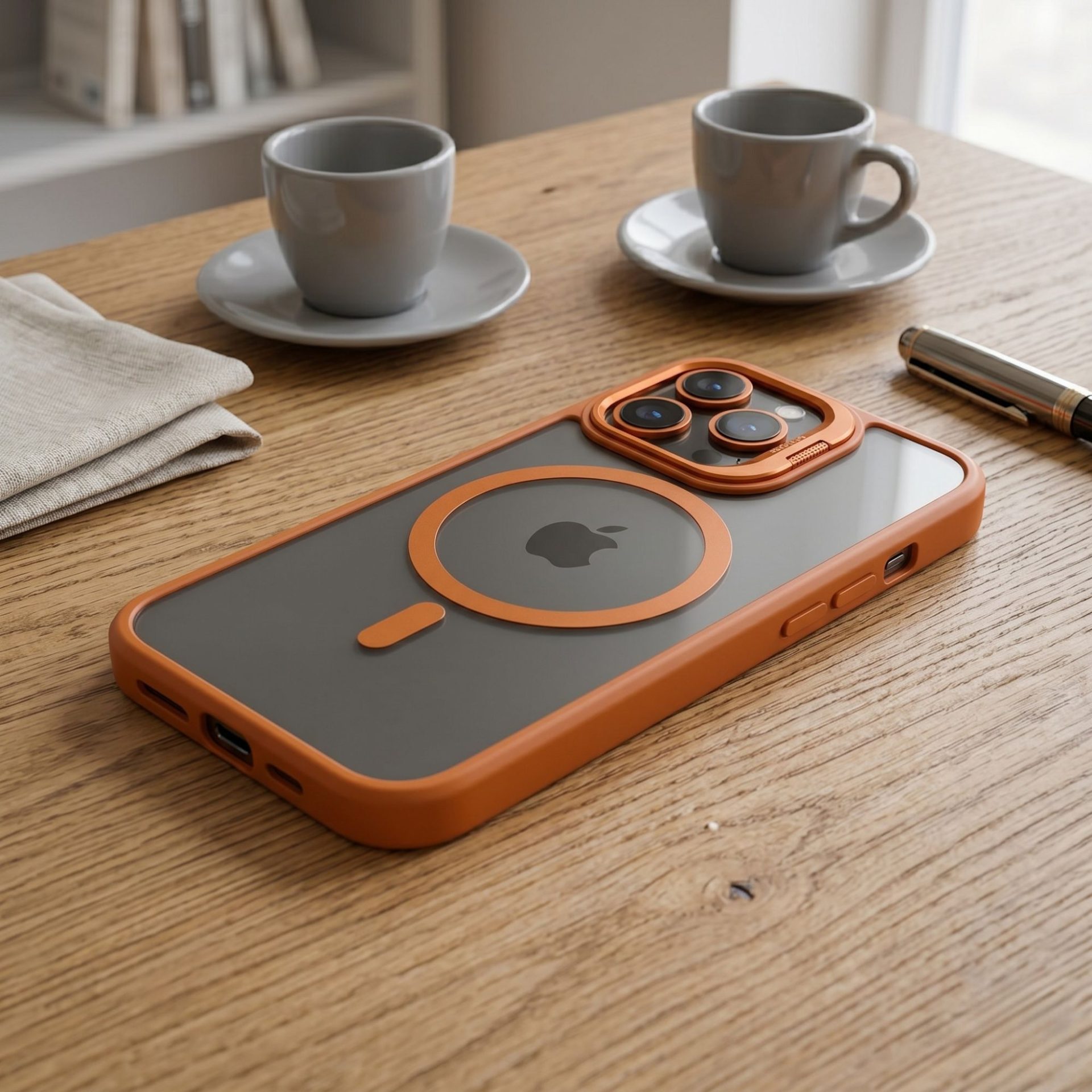 Husa de Protectie Telefon, , Compatibila cu iPhone 17 Pro, MagSafe, Acrylic, Suport Metalic Protectie Camera, Anti-Soc, Portocaliu 3