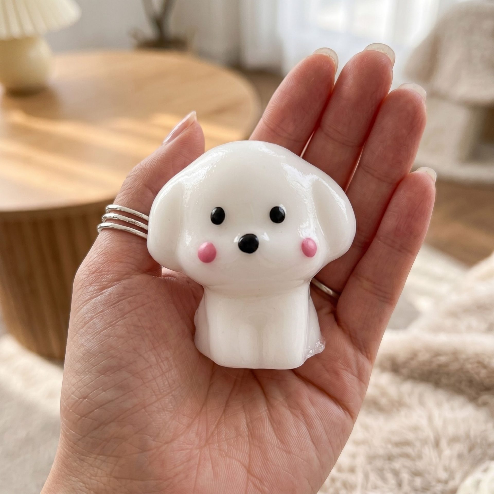 Jucarie Interactiva Antistres pentru Copii, , Squishy Catelus Kawaii, Silicon Moale, 4.5 x 4.5 cm, Alb/Roz 3