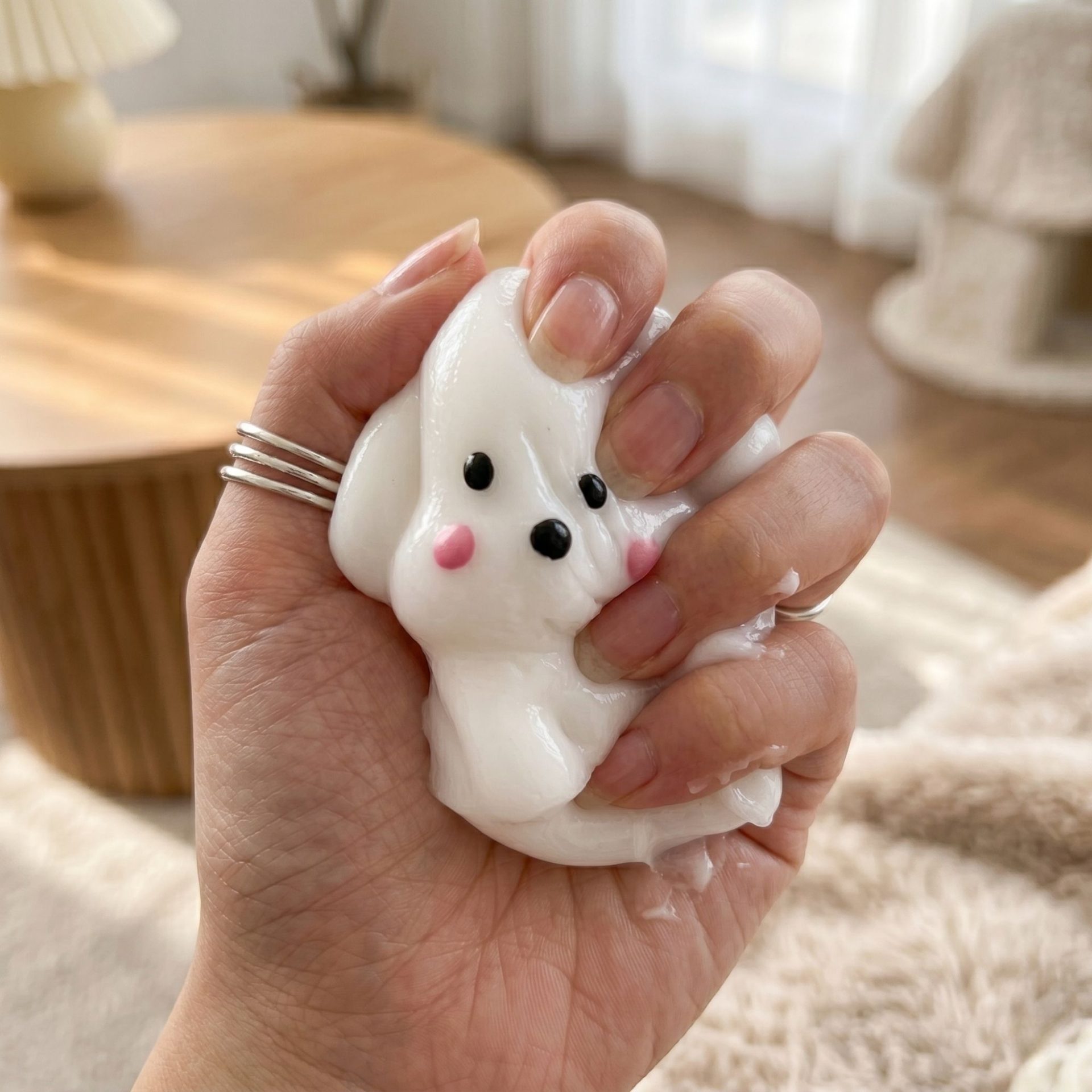 Jucarie Interactiva Antistres pentru Copii, , Squishy Catelus Kawaii, Silicon Moale, 4.5 x 4.5 cm, Alb/Roz 5