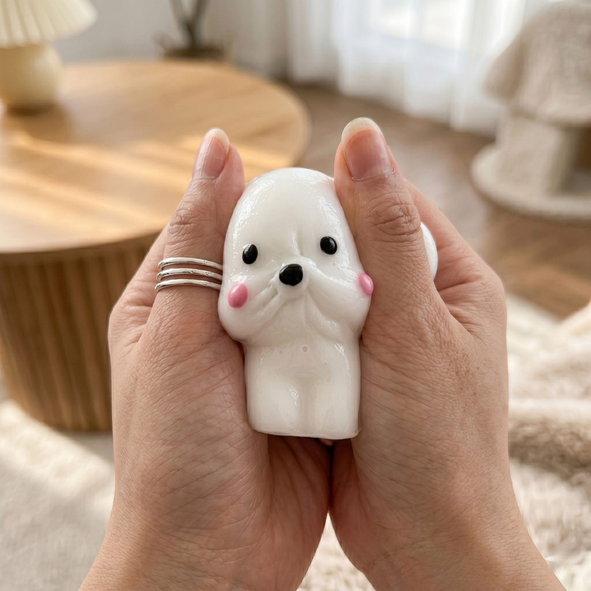 Jucarie Interactiva Antistres pentru Copii, , Squishy Catelus Kawaii, Silicon Moale, 4.5 x 4.5 cm, Alb/Roz 4