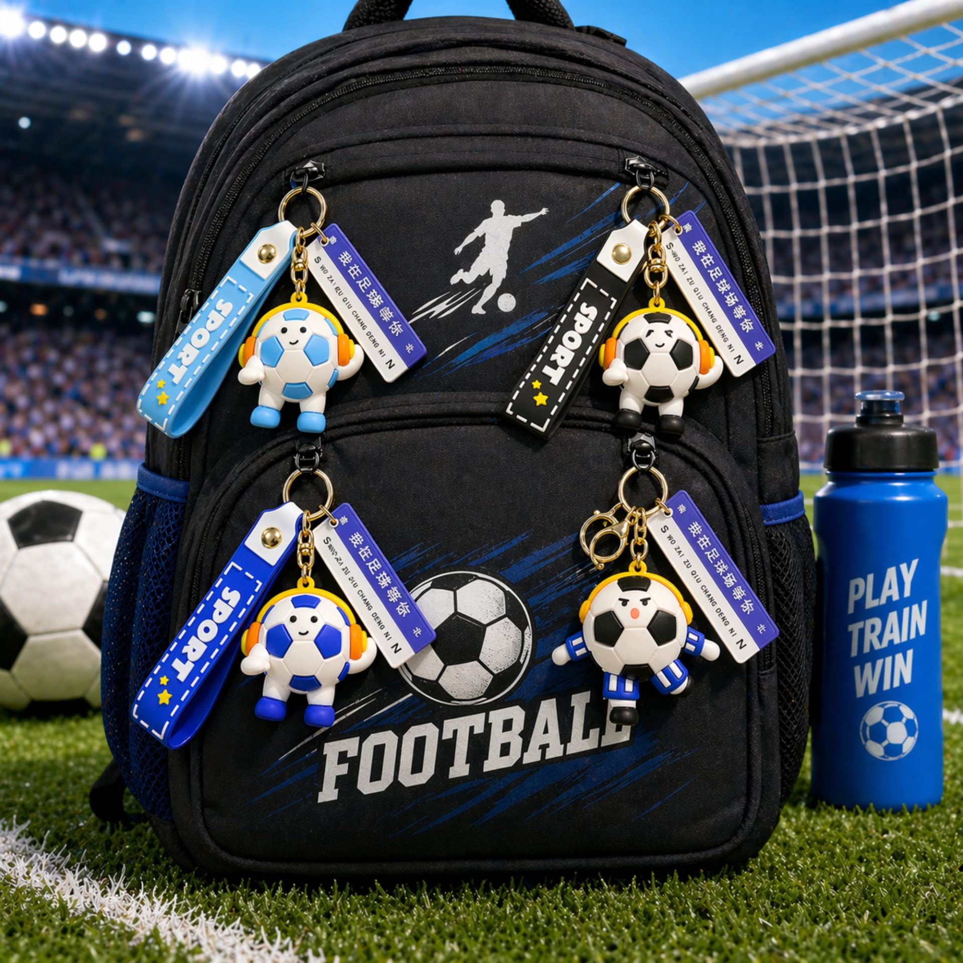 Breloc Chei, , Model Minge de Fotbal cu Casti, Mesaj Te aștept pe terenul de fotbal, Cupa Mondiala, Accesoriu Pentru Chei si Rucsac, Material Acril, 50 g, Albastru Inchis 3