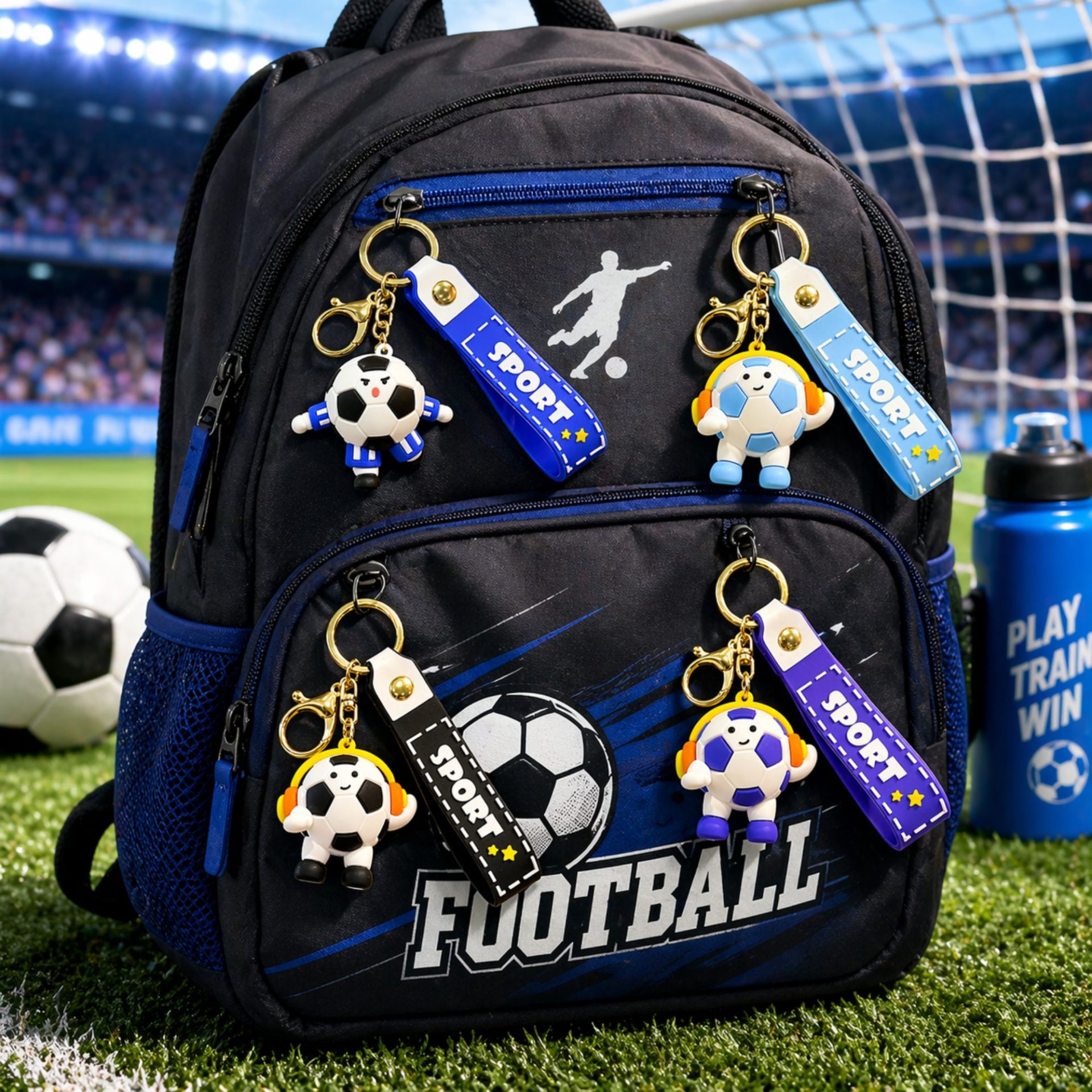 Breloc Chei, , Model Minge de Fotbal cu Casti, Cupa Mondiala, Accesoriu Pentru Chei si Rucsac, Material Acril, 50 g, Albastru 4