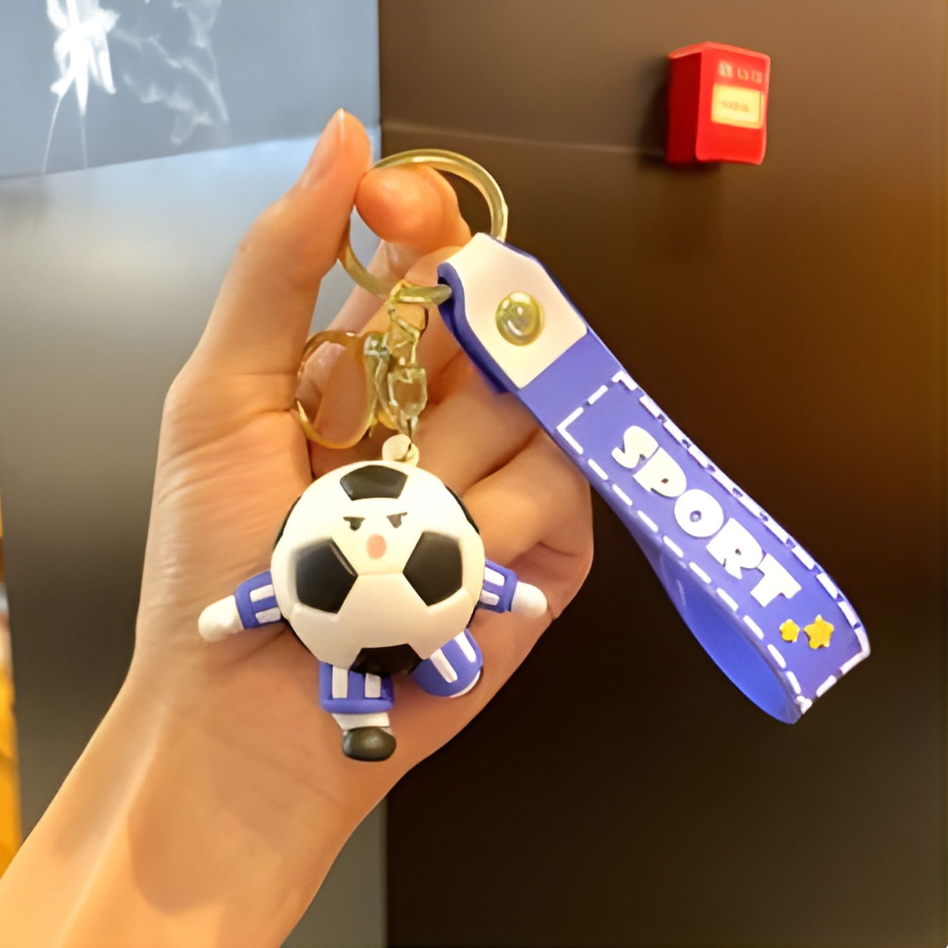 Breloc Chei, , Model Minge de Fotbal cu Casti, Cupa Mondiala, Accesoriu Pentru Chei si Rucsac, Material Acril, 50 g, Albastru 2