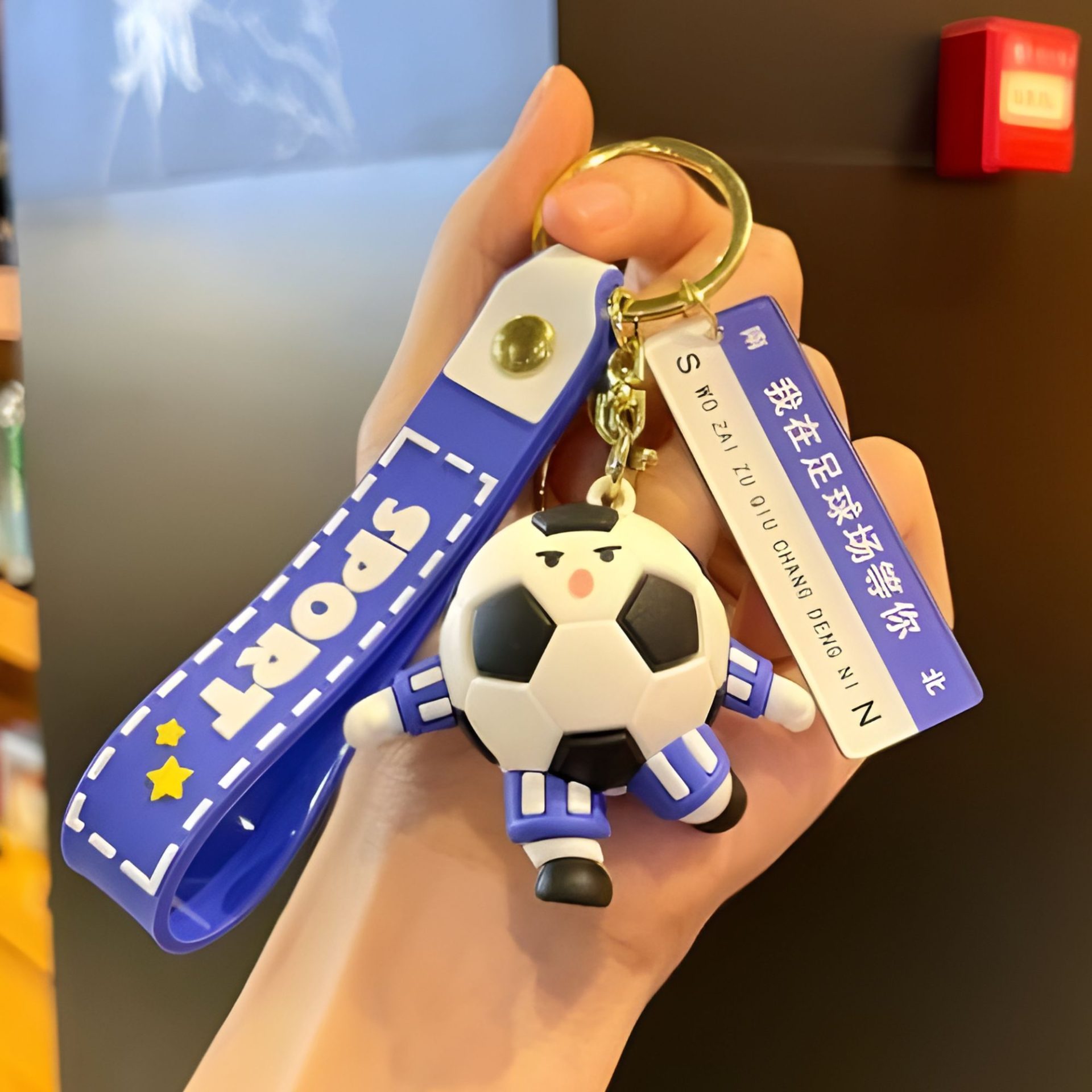 Breloc Chei, , Model Minge de Fotbal cu Casti, Mesaj Te aștept pe terenul de fotbal, Cupa Mondiala, Accesoriu Pentru Chei si Rucsac, Material Acril, 50 g, Albastru 2