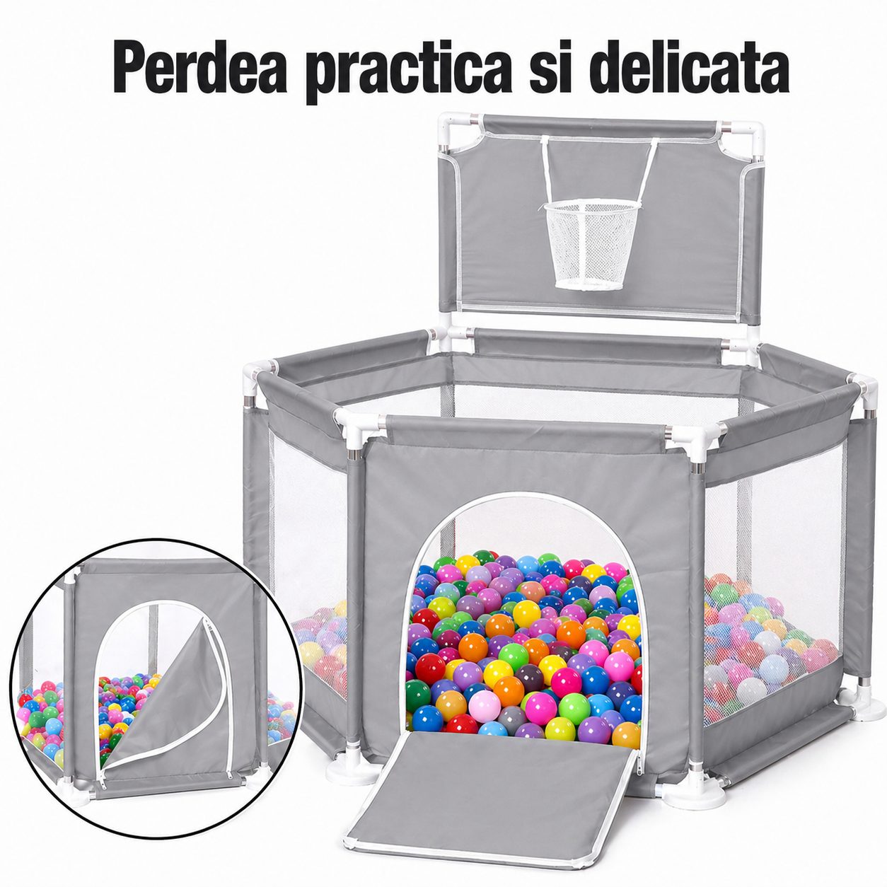 Tarc de Joaca pentru Copii cu Cos de Baschet, , Usa cu Fermoar, Plasa Laterala, Structura Stabila, Dimensiune 130x115x65 cm, Gri 3
