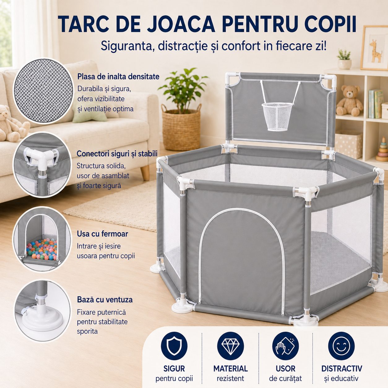 Tarc de Joaca pentru Copii cu Cos de Baschet, , Usa cu Fermoar, Plasa Laterala, Structura Stabila, Dimensiune 130x115x65 cm, Gri 2