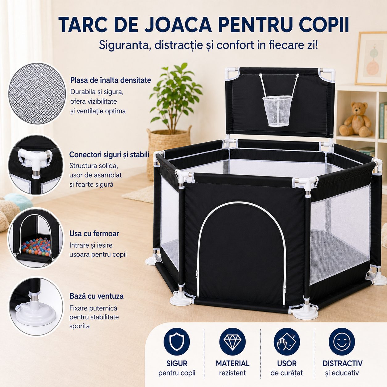Tarc de Joaca pentru Copii cu Cos de Baschet, , Usa cu Fermoar, Plasa Laterala, Structura Stabila, Dimensiune 130x115x65 cm, Negru 2