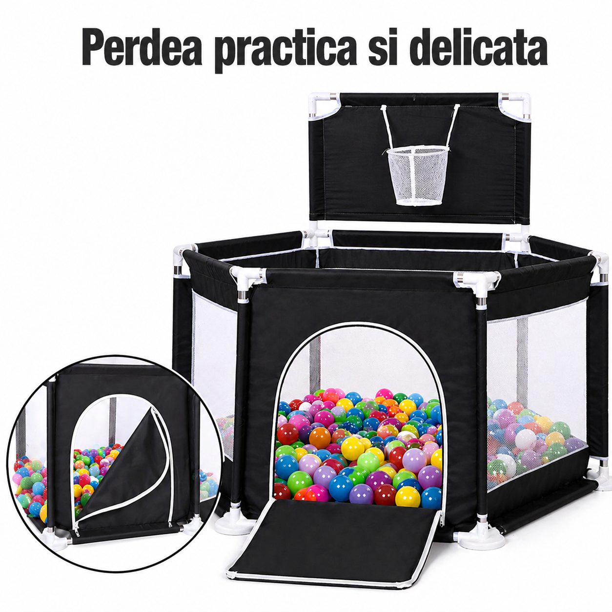 Tarc de Joaca pentru Copii cu Cos de Baschet, , Usa cu Fermoar, Plasa Laterala, Structura Stabila, Dimensiune 130x115x65 cm, Negru 3