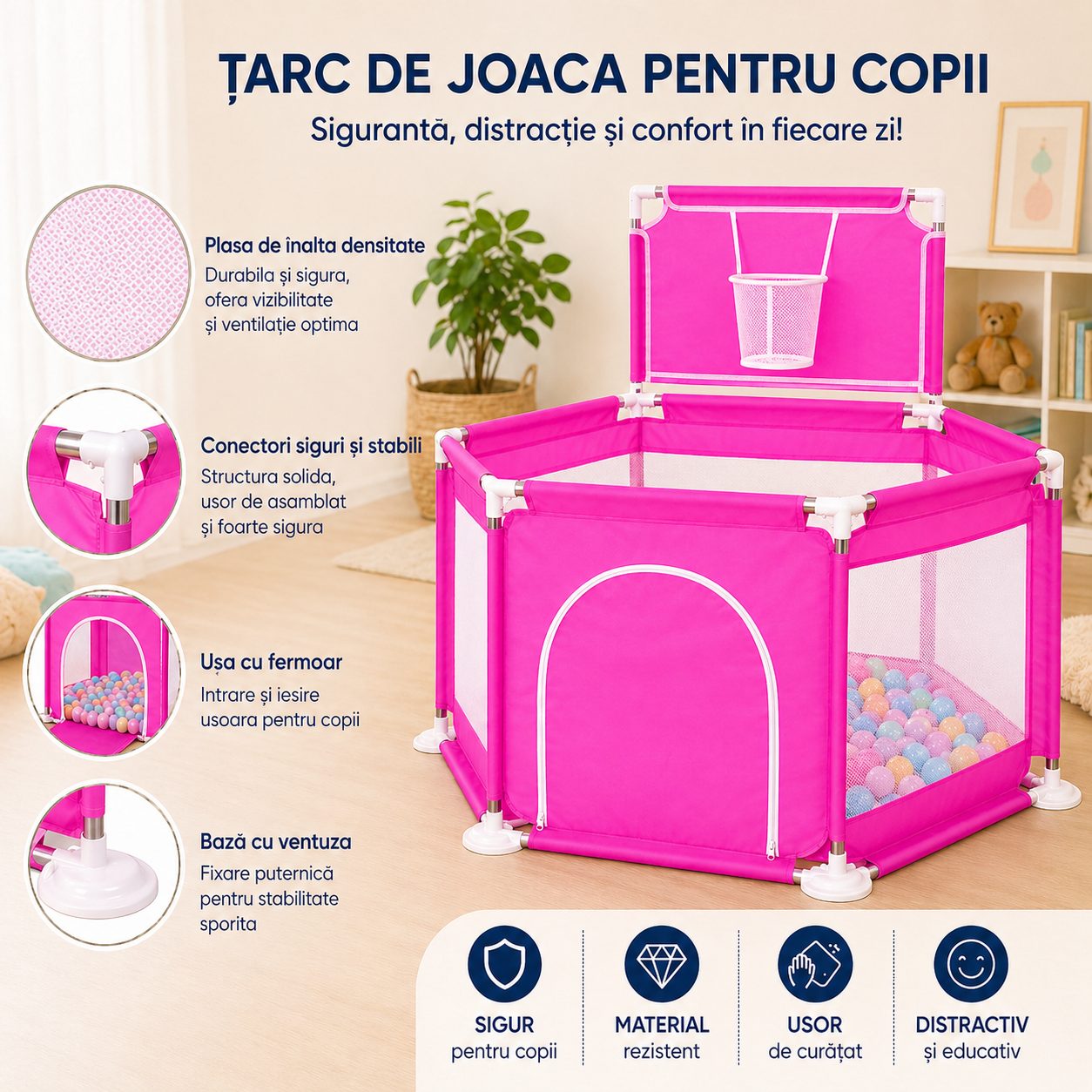 Tarc de Joaca pentru Copii cu Cos de Baschet, , Usa cu Fermoar, Plasa Laterala, Structura Stabila, Dimensiune 130x115x65 cm, Roz Inchis 2