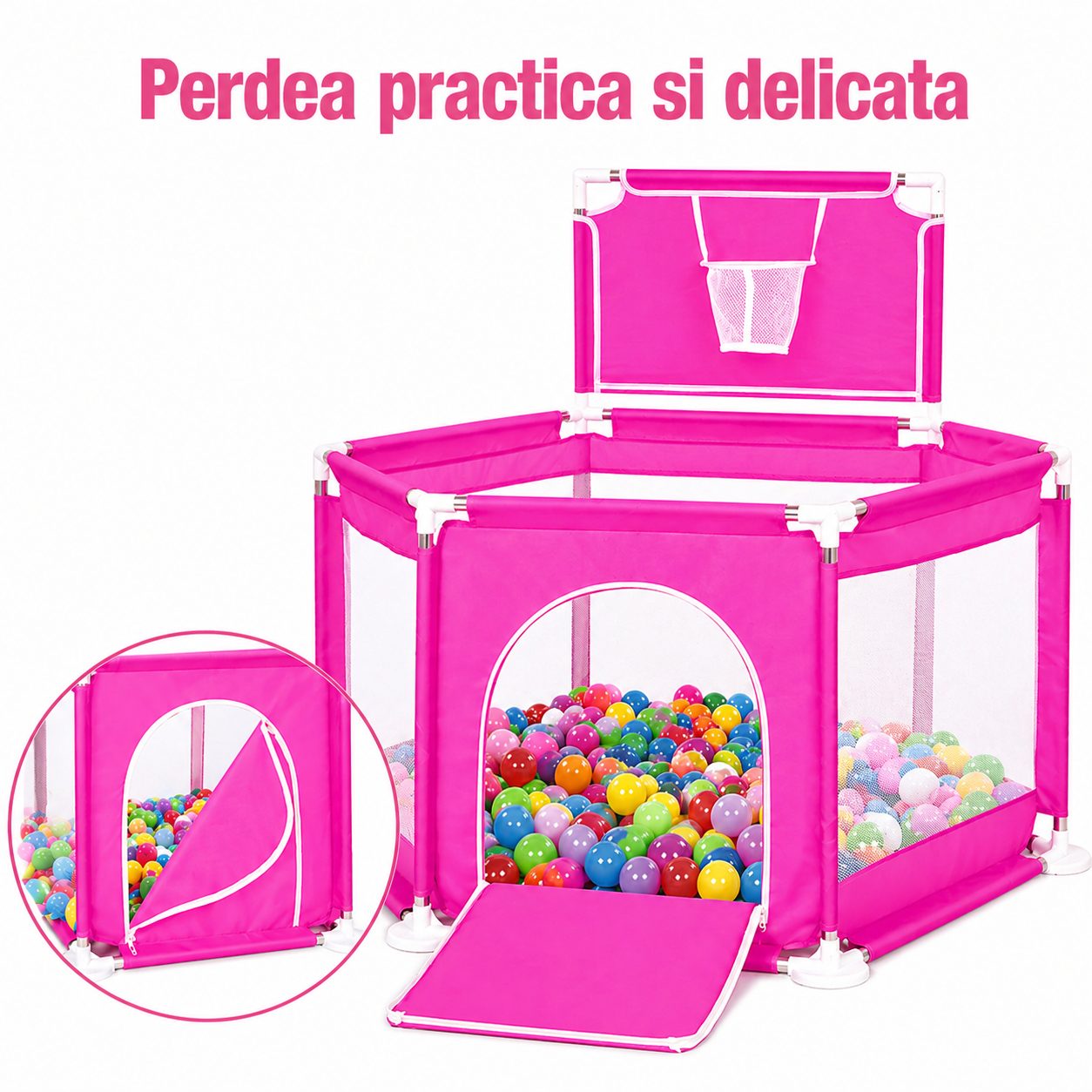 Tarc de Joaca pentru Copii cu Cos de Baschet, , Usa cu Fermoar, Plasa Laterala, Structura Stabila, Dimensiune 130x115x65 cm, Roz Inchis 4