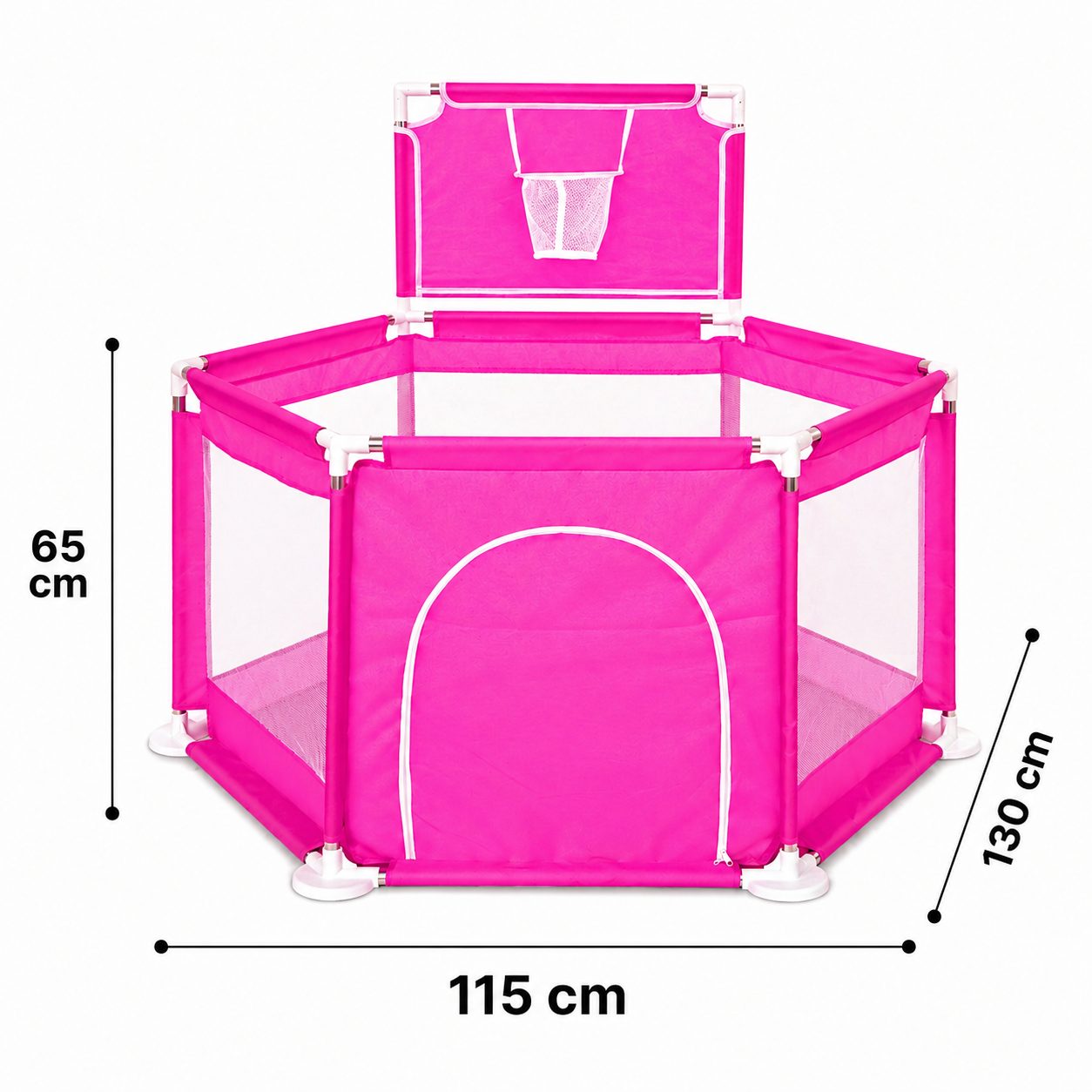 Tarc de Joaca pentru Copii cu Cos de Baschet, , Usa cu Fermoar, Plasa Laterala, Structura Stabila, Dimensiune 130x115x65 cm, Roz Inchis 5