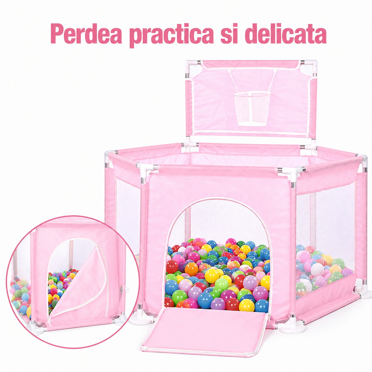 Tarc de Joaca pentru Copii cu Cos de Baschet, , Usa cu Fermoar, Plasa Laterala, Structura Stabila, Dimensiune 130x115x65 cm, Roz Deschis 2
