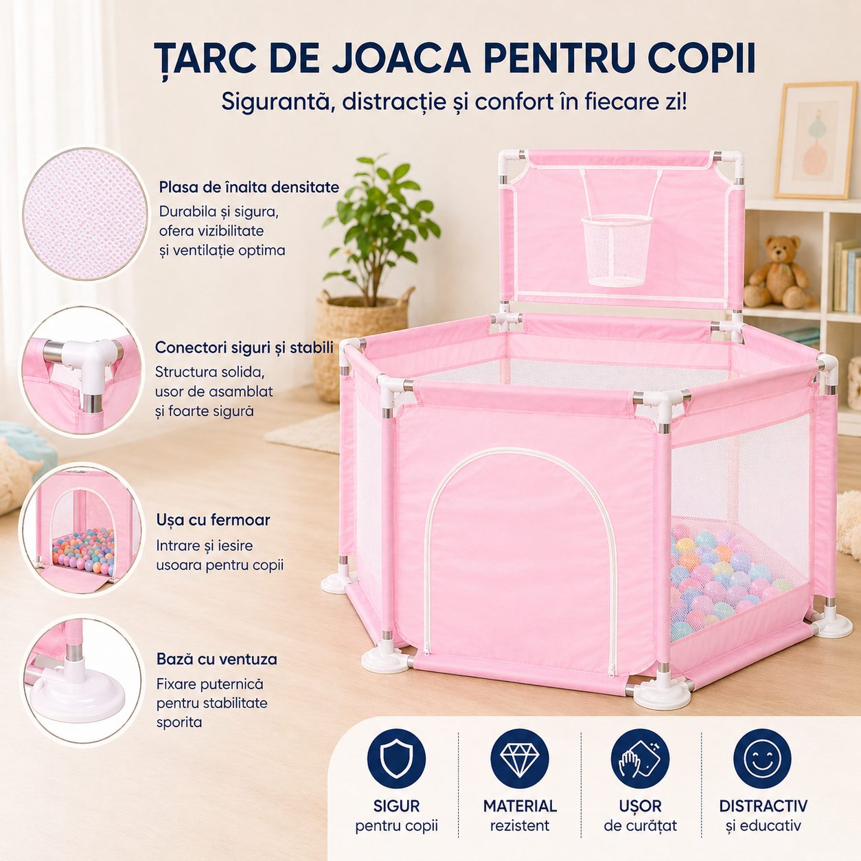 Tarc de Joaca pentru Copii cu Cos de Baschet, , Usa cu Fermoar, Plasa Laterala, Structura Stabila, Dimensiune 130x115x65 cm, Roz Deschis 3
