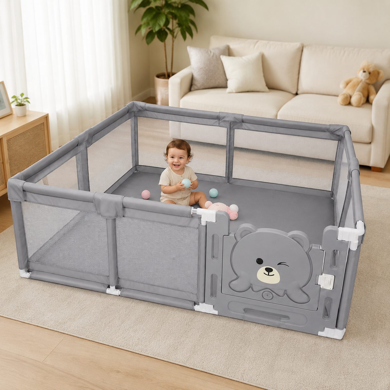 Tarc de Joaca si Siguranta pentru Copii DNT-147, , Dimensiuni 150 x 180 cm, Structura de Protectie pentru Interior, Gri 4
