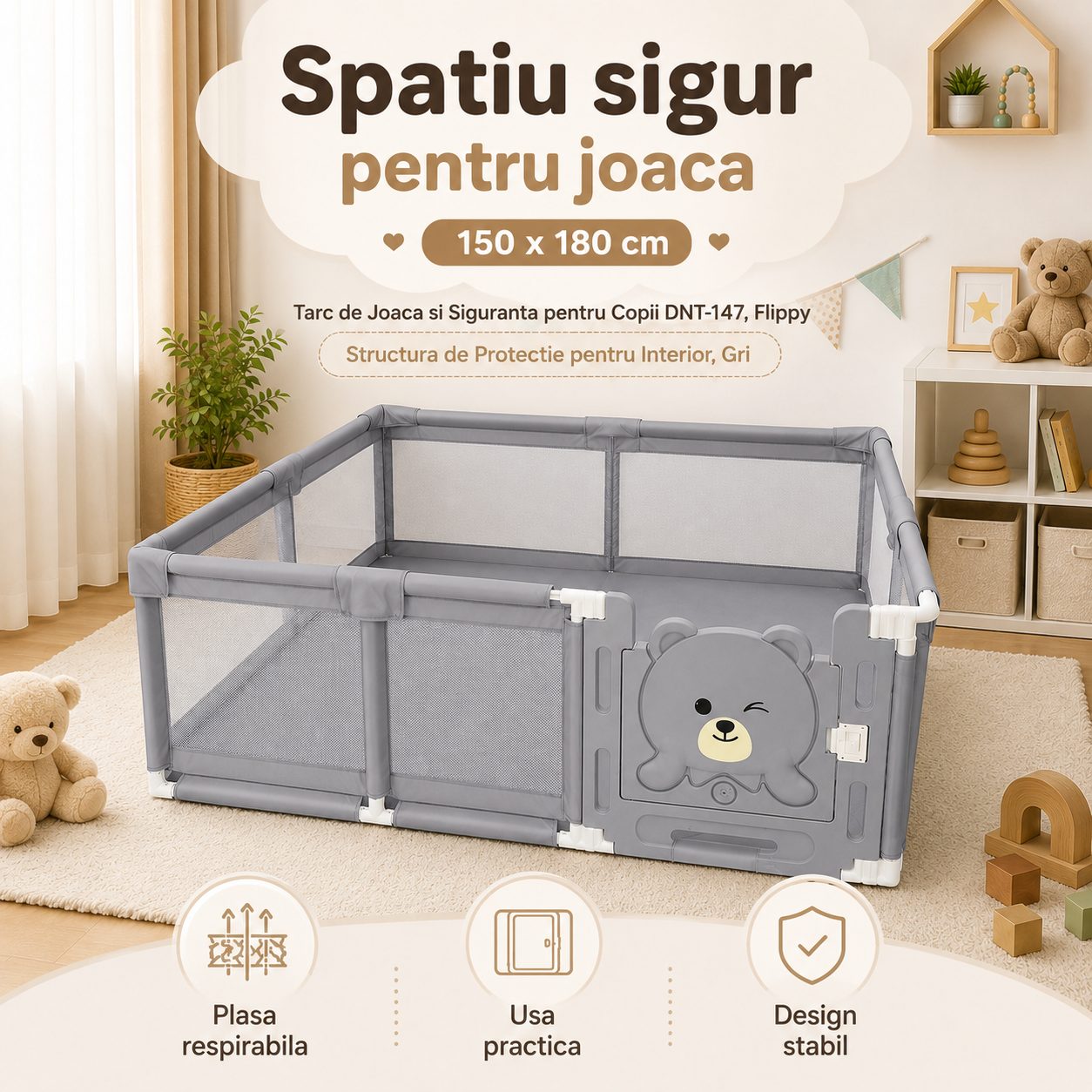 Tarc de Joaca si Siguranta pentru Copii DNT-147, , Dimensiuni 150 x 180 cm, Structura de Protectie pentru Interior, Gri 2