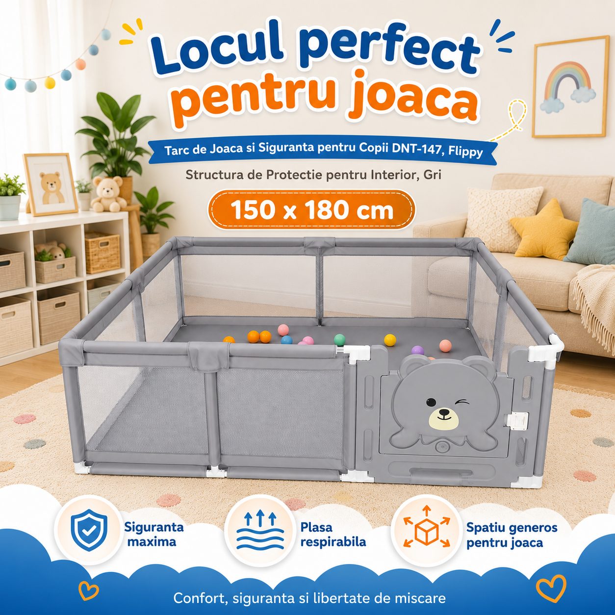 Tarc de Joaca si Siguranta pentru Copii DNT-147, , Dimensiuni 150 x 180 cm, Structura de Protectie pentru Interior, Gri 3