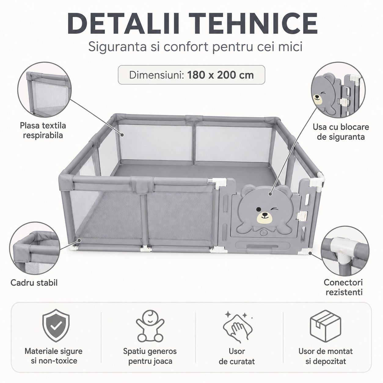 Tarc de Joaca si Siguranta pentru Copii DNT-147, , Dimensiuni 180 x 200 cm, Structura de Protectie pentru Interior, Gri 2