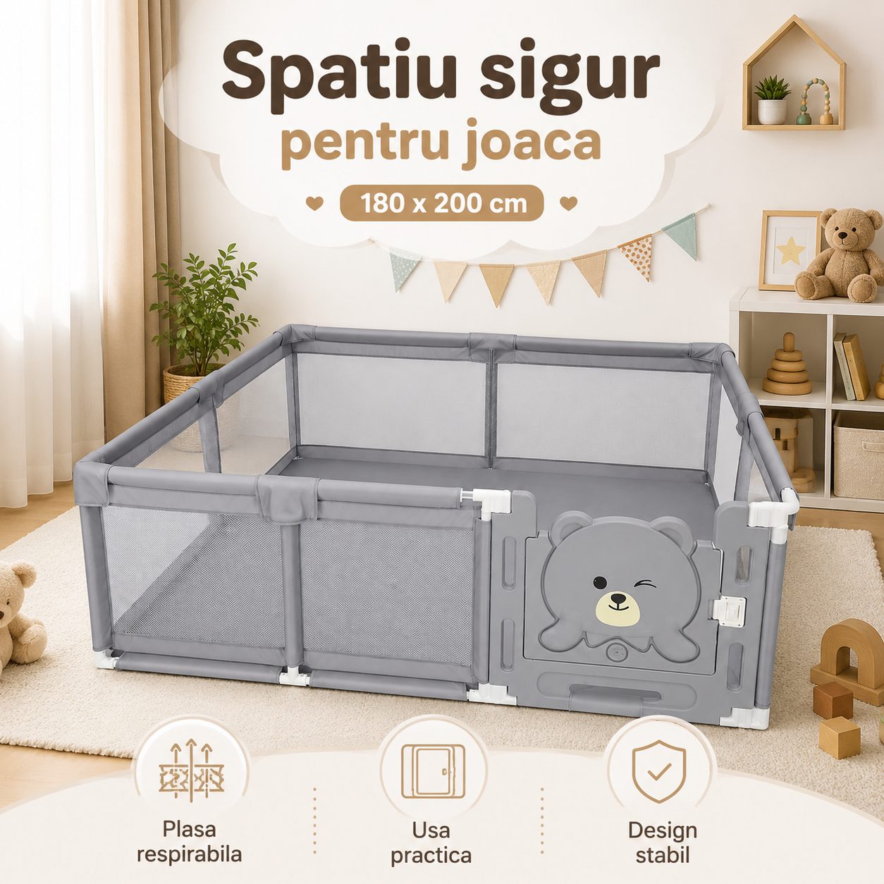 Tarc de Joaca si Siguranta pentru Copii DNT-147, , Dimensiuni 180 x 200 cm, Structura de Protectie pentru Interior, Gri 3