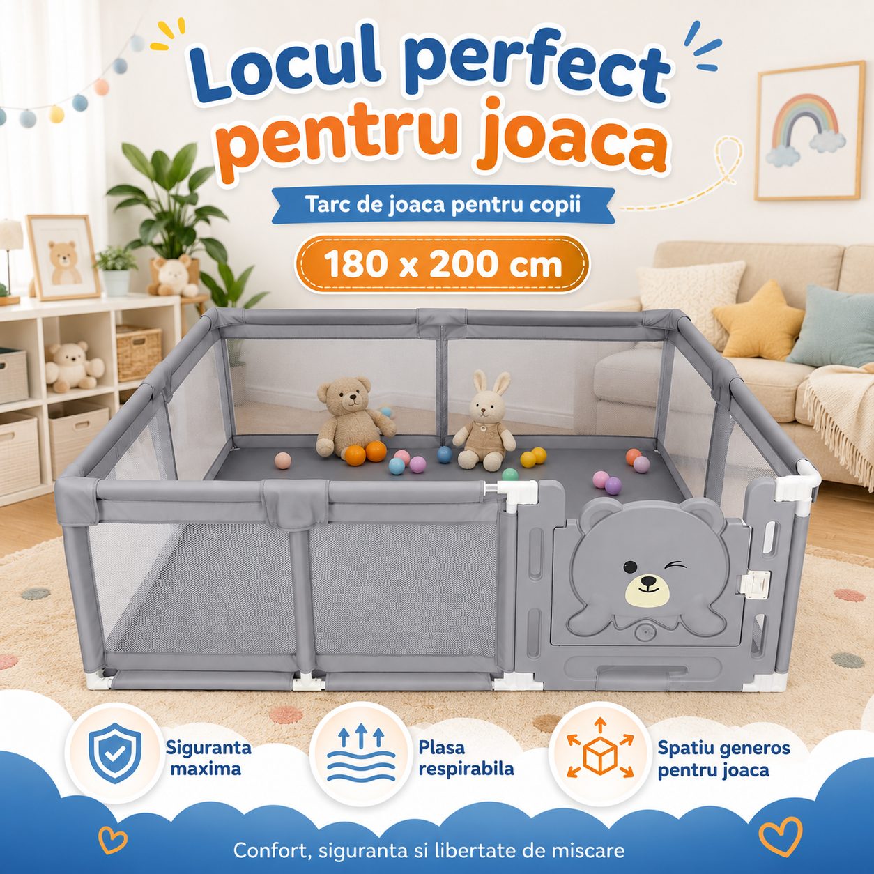 Tarc de Joaca si Siguranta pentru Copii DNT-147, , Dimensiuni 180 x 200 cm, Structura de Protectie pentru Interior, Gri 4