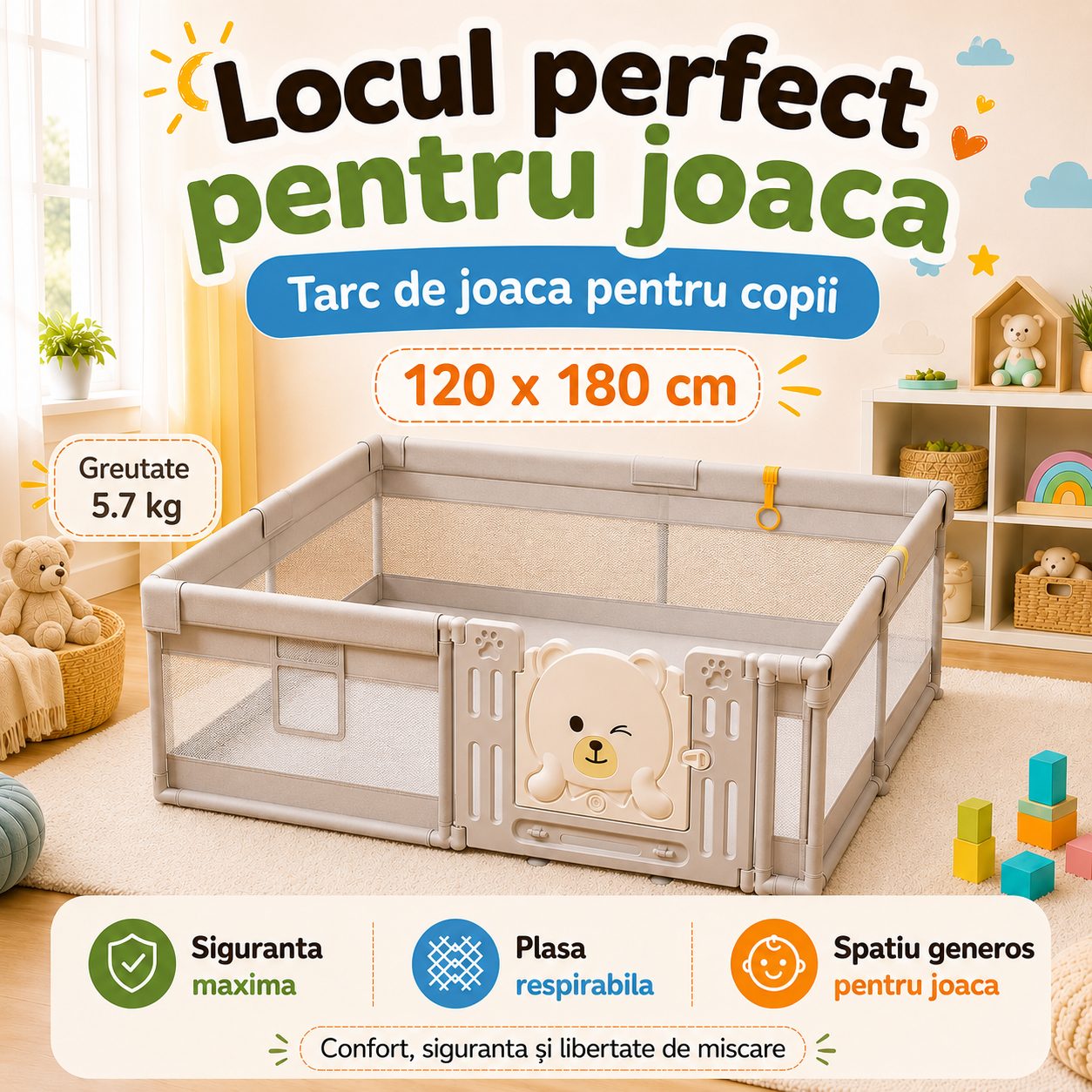 Tarc de Joaca si Siguranta pentru Copii DNT-147, , Dimensiuni 120 x 180 cm, Structura de Protectie pentru Interior, Greutate 5.7 kg, Khaki 4