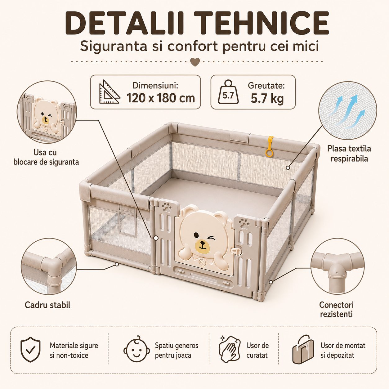 Tarc de Joaca si Siguranta pentru Copii DNT-147, , Dimensiuni 120 x 180 cm, Structura de Protectie pentru Interior, Greutate 5.7 kg, Khaki 5