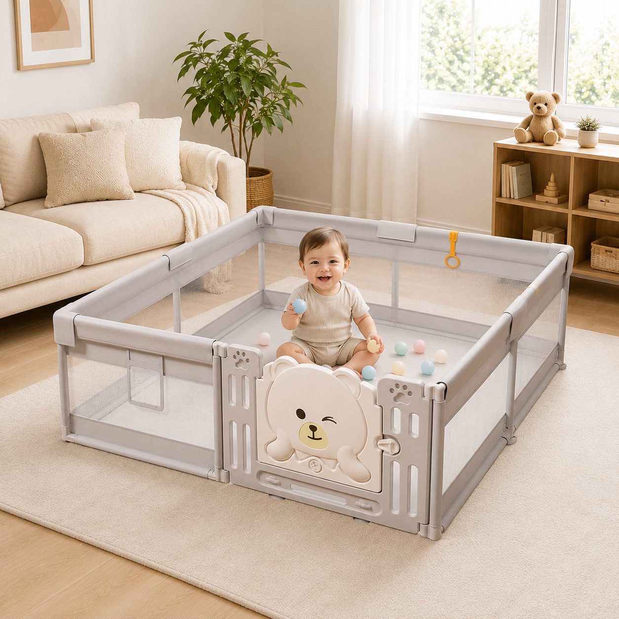 Tarc de Joaca pentru Copii DNT-147, , Dimensiuni 150 x 180 cm, Gard de Siguranta, Greutate 6.2 kg, Khaki 4