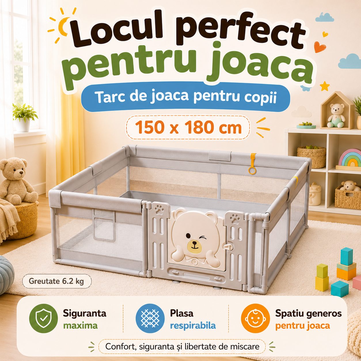 Tarc de Joaca pentru Copii DNT-147, , Dimensiuni 150 x 180 cm, Gard de Siguranta, Greutate 6.2 kg, Khaki 2