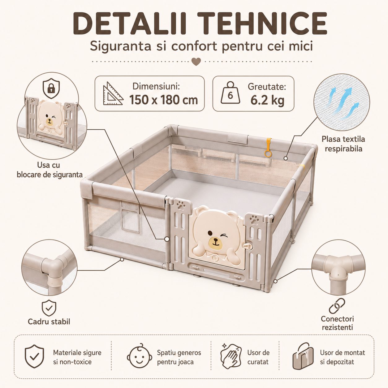Tarc de Joaca pentru Copii DNT-147, , Dimensiuni 150 x 180 cm, Gard de Siguranta, Greutate 6.2 kg, Khaki 3