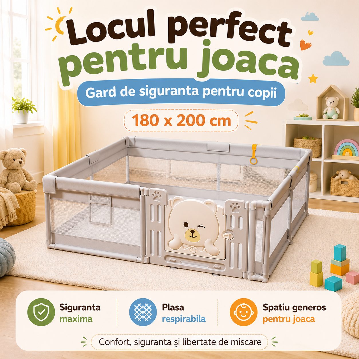 Tarc de Joaca si Siguranta pentru Copii DNT-147, , Dimensiuni 180 x 200 cm, Structura de Protectie pentru Interior, Khaki 2