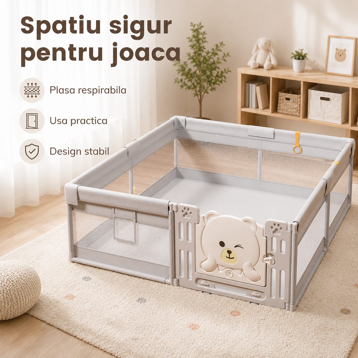 Tarc de Joaca si Siguranta pentru Copii DNT-147, , Dimensiuni 180 x 200 cm, Structura de Protectie pentru Interior, Khaki 5