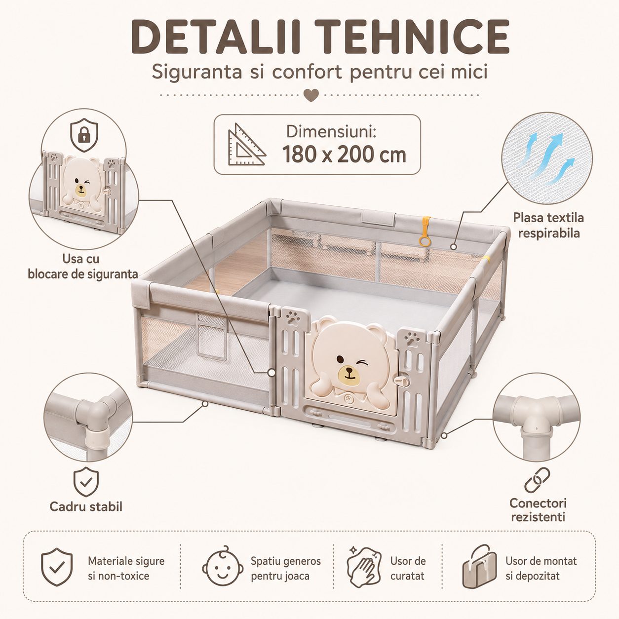 Tarc de Joaca si Siguranta pentru Copii DNT-147, , Dimensiuni 180 x 200 cm, Structura de Protectie pentru Interior, Khaki 4