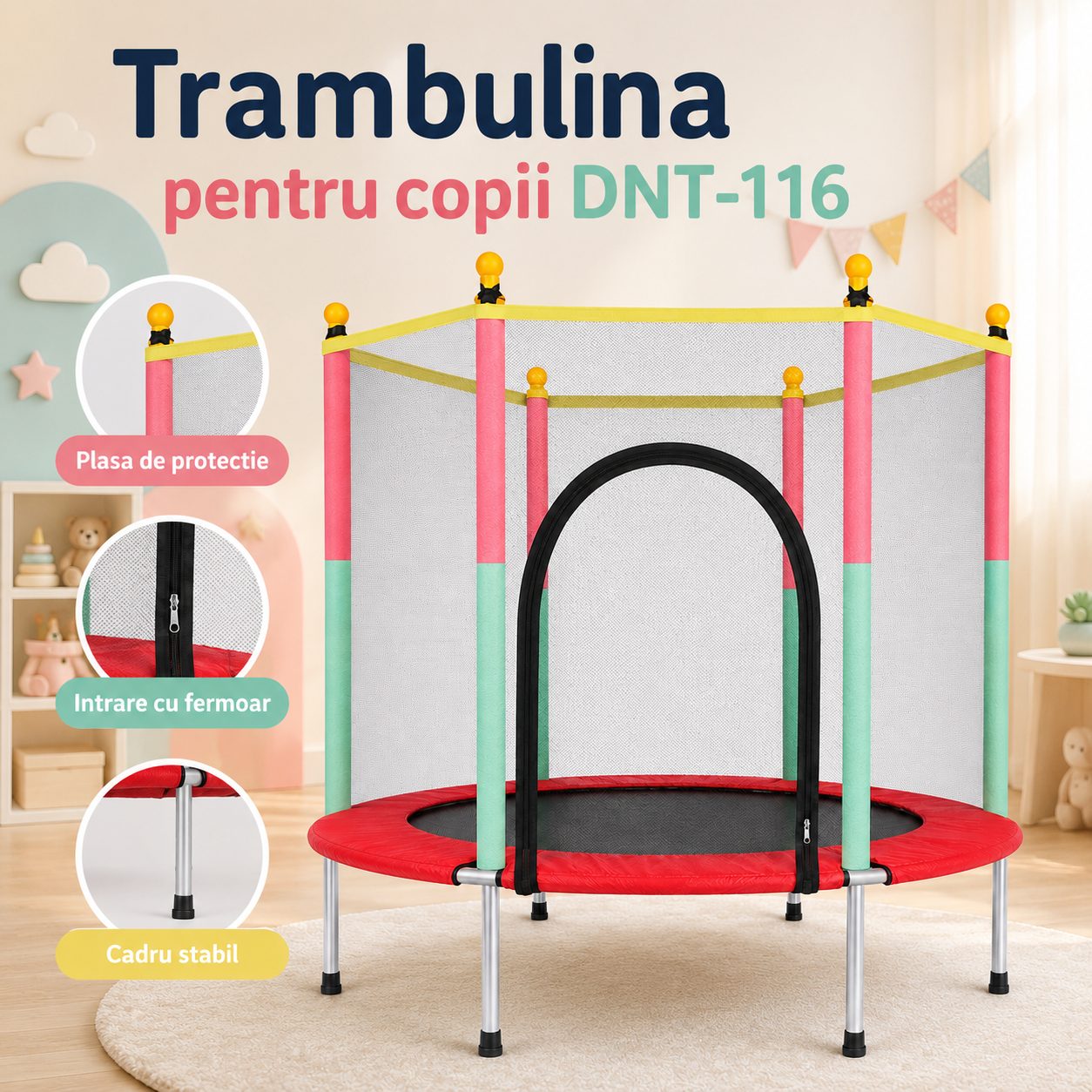 Trambulina pentru Copii DNT-116, , Dimensiuni 140 x 120 cm, Cadru pentru Sarituri si Joaca, Greutate 7.9 kg, Rosu 3