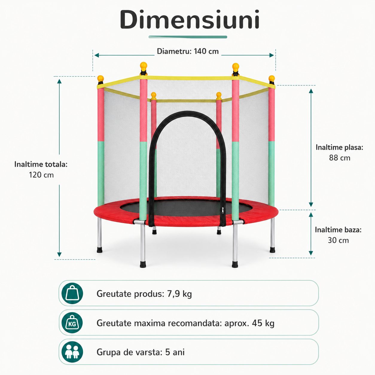 Trambulina pentru Copii DNT-116, , Dimensiuni 140 x 120 cm, Cadru pentru Sarituri si Joaca, Greutate 7.9 kg, Rosu 2