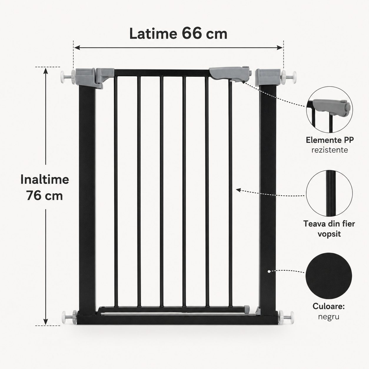Gard de Siguranta cu Poarta pentru Copii, , Latime 66 cm, Inaltime 76 cm, Teava din Fier Vopsit, Elemente PP, Negru 5